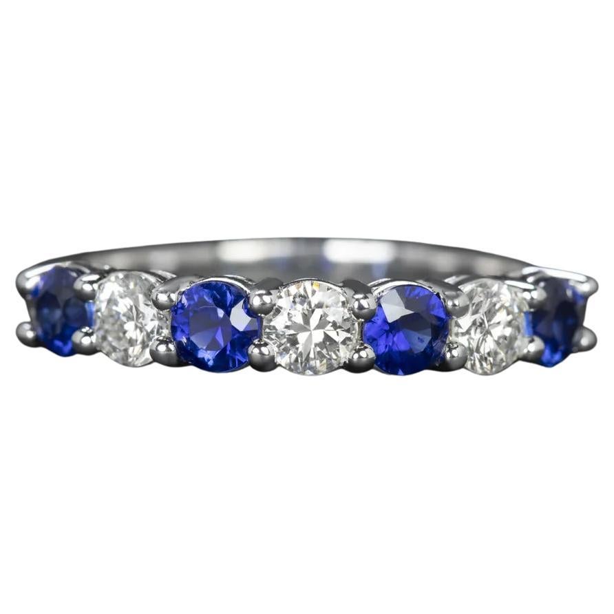 14K White Gold Diamond and Royal Blue Sapphire Alternating Band – 1.45 Carat Tot