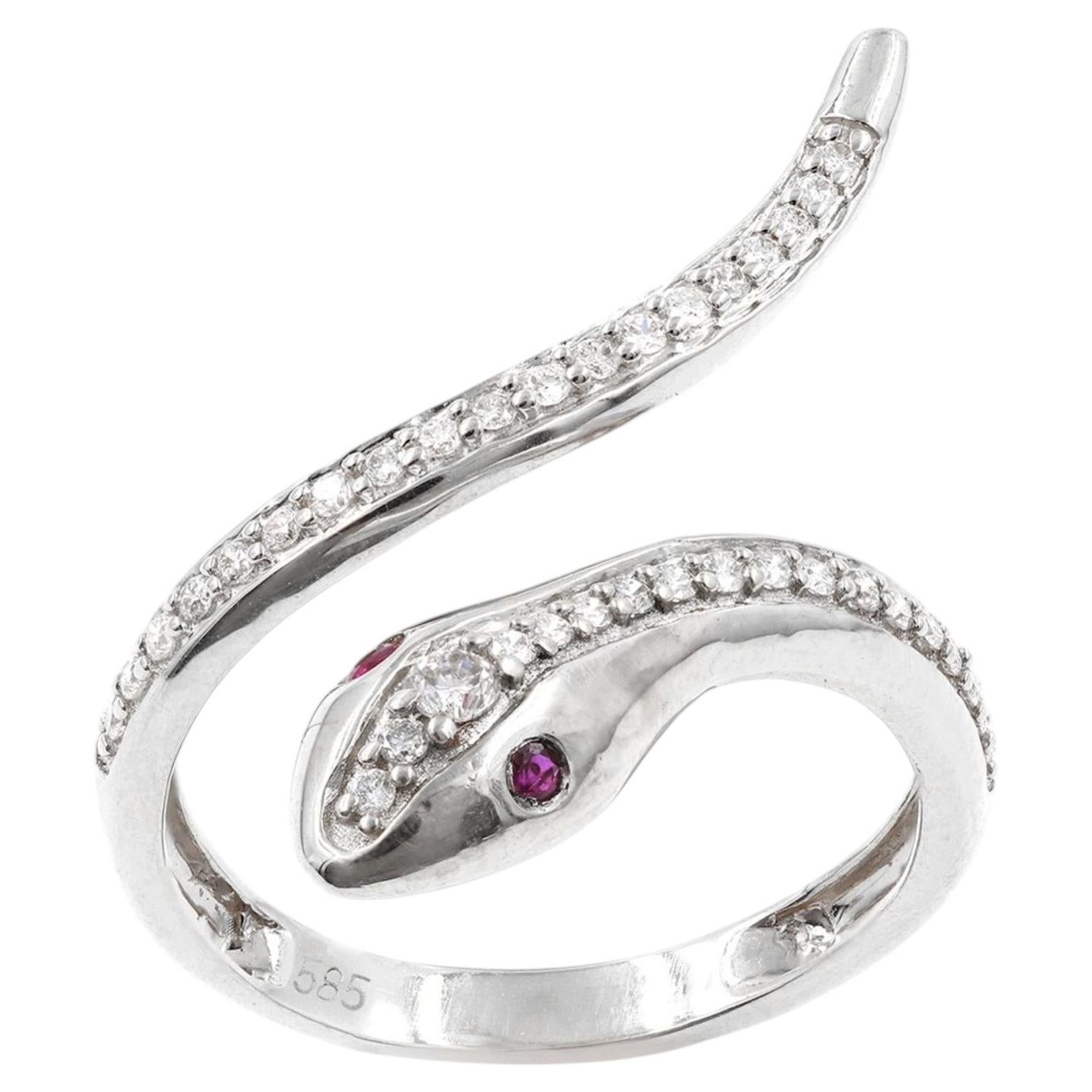 Anello bypass a forma di serpente in oro bianco 14 carati con diamanti e rubini