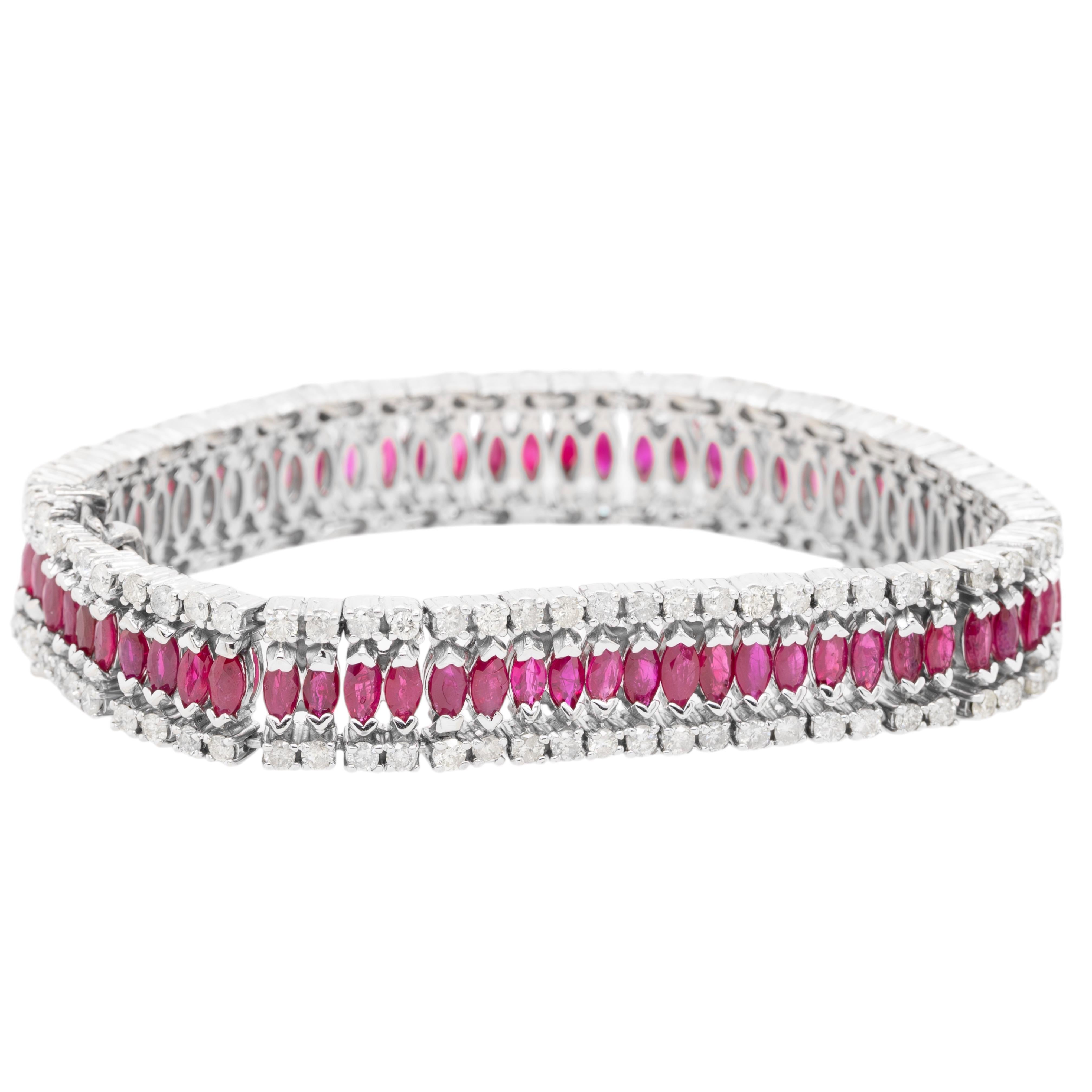 Mixed Cut 14k White Gold Diamond and Ruby Bracelet For Sale