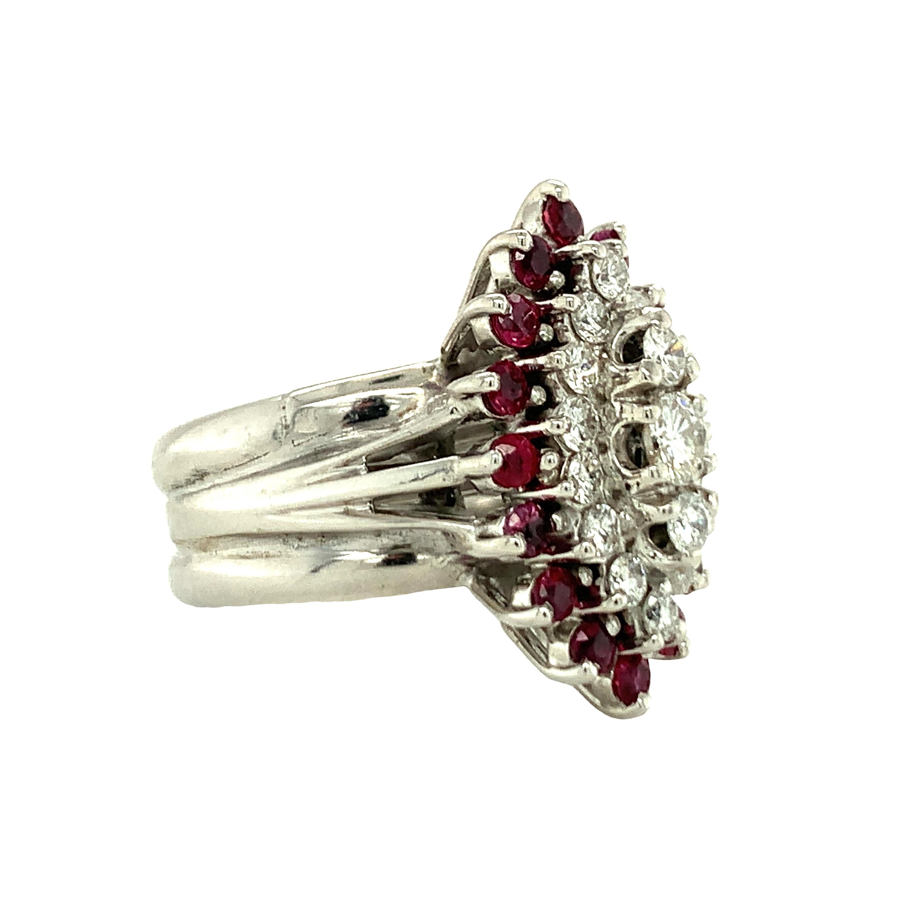 Round Cut 14K White Gold Diamond and Ruby  Cluster Ring For Sale