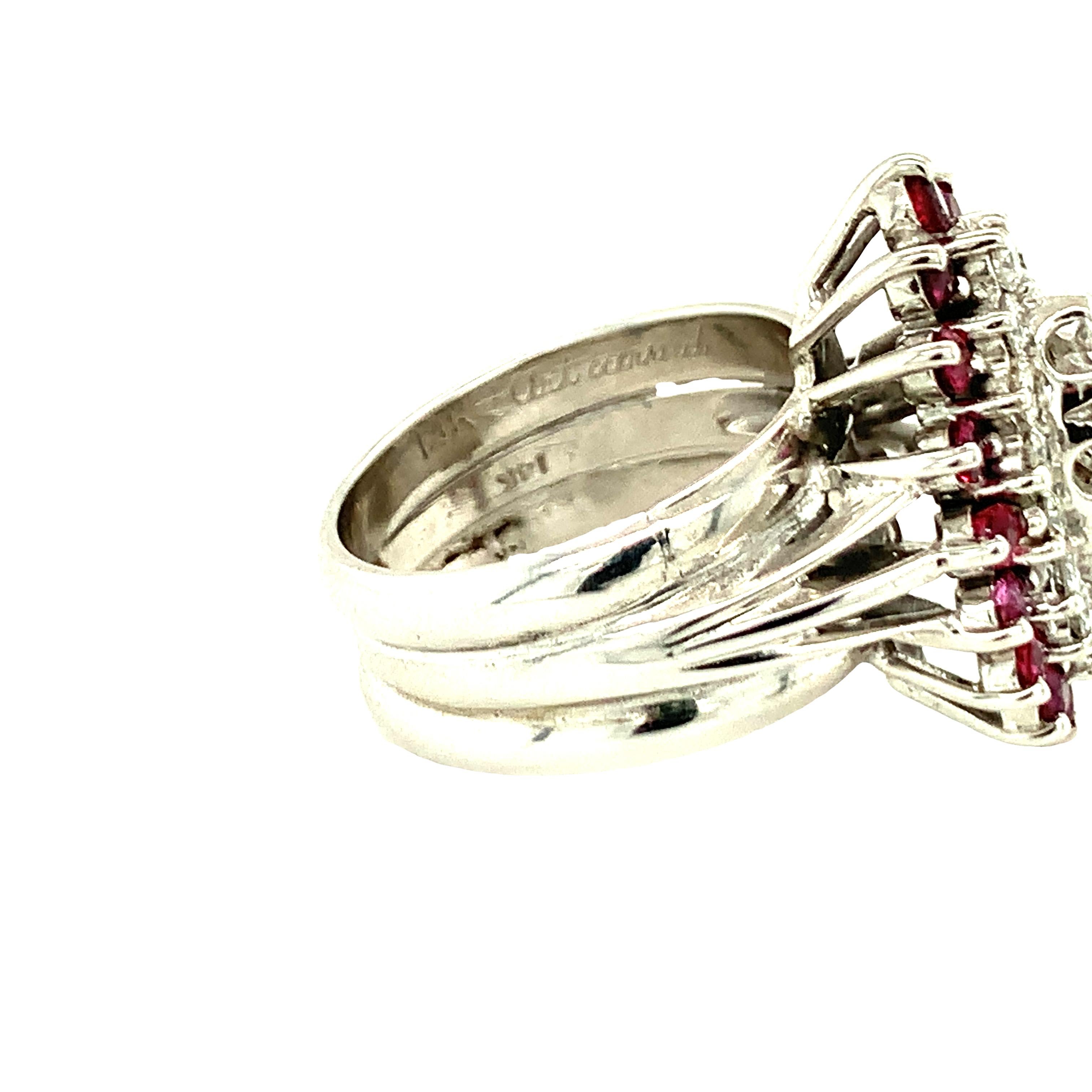 14K White Gold Diamond and Ruby  Cluster Ring In Good Condition For Sale In Beverly Hills, CA