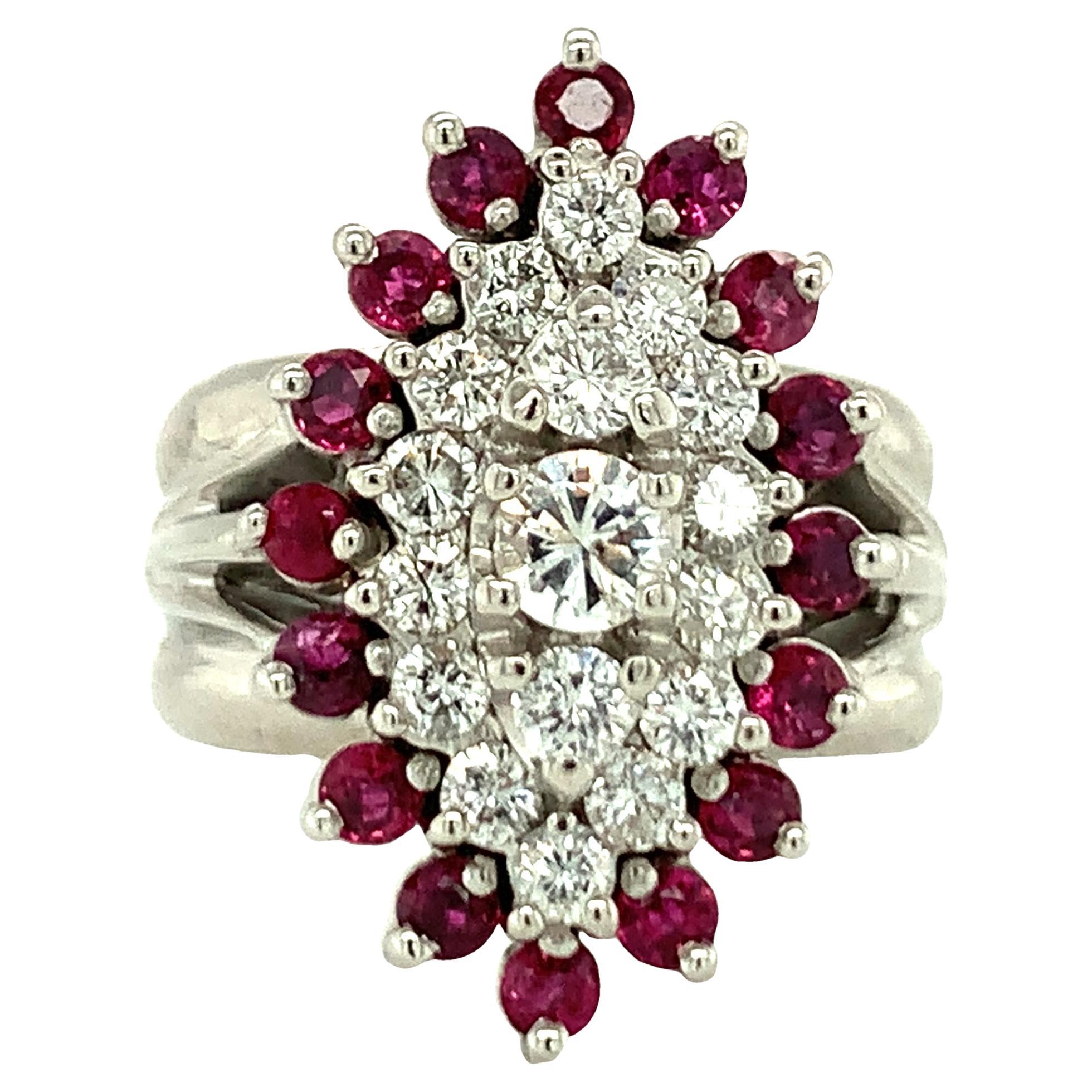 14K White Gold Diamond and Ruby  Cluster Ring For Sale