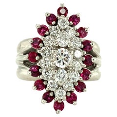 Retro 14K White Gold Diamond and Ruby  Cluster Ring
