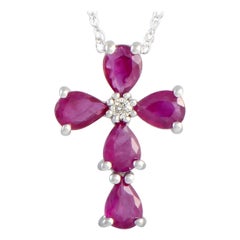 14 Karat White Gold Diamond and Ruby Cross Pendant Necklace