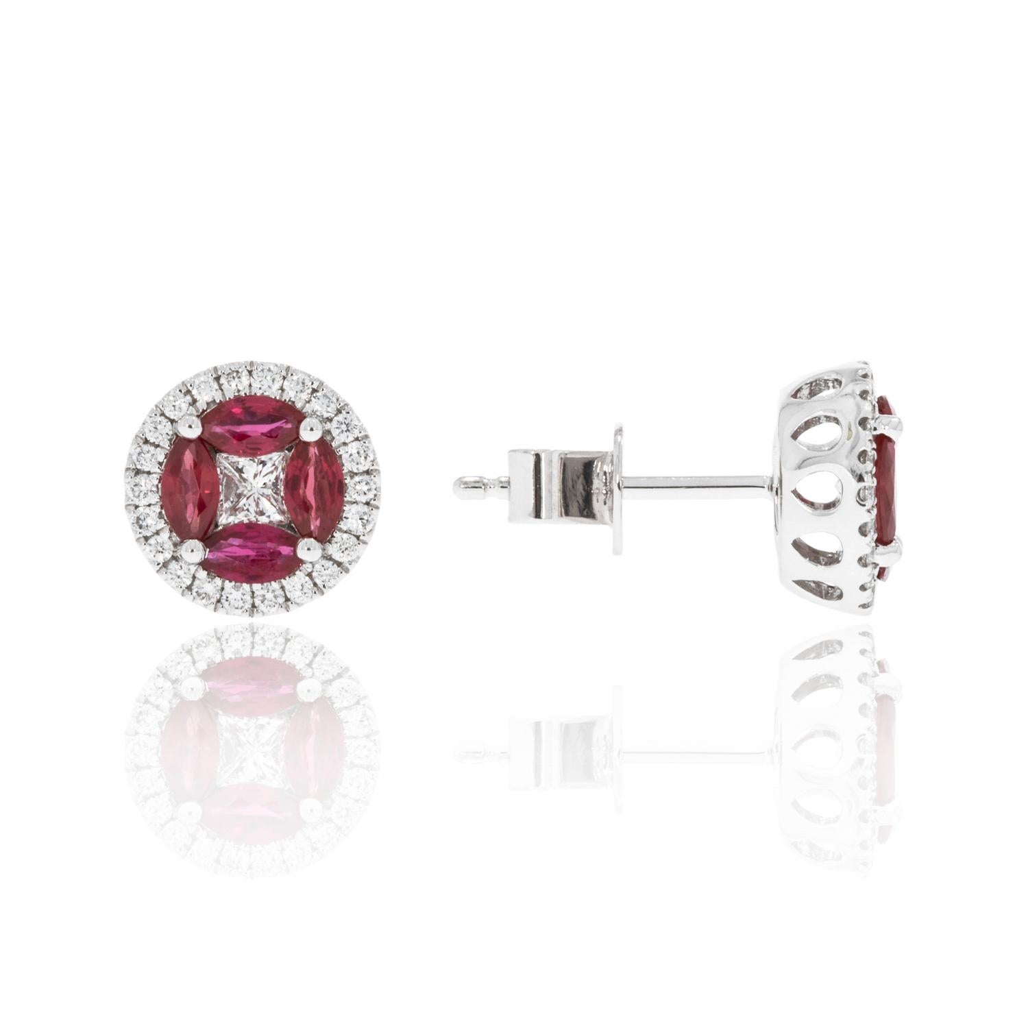 Round Cut 14K White Gold Diamond and Ruby Earrings For Sale
