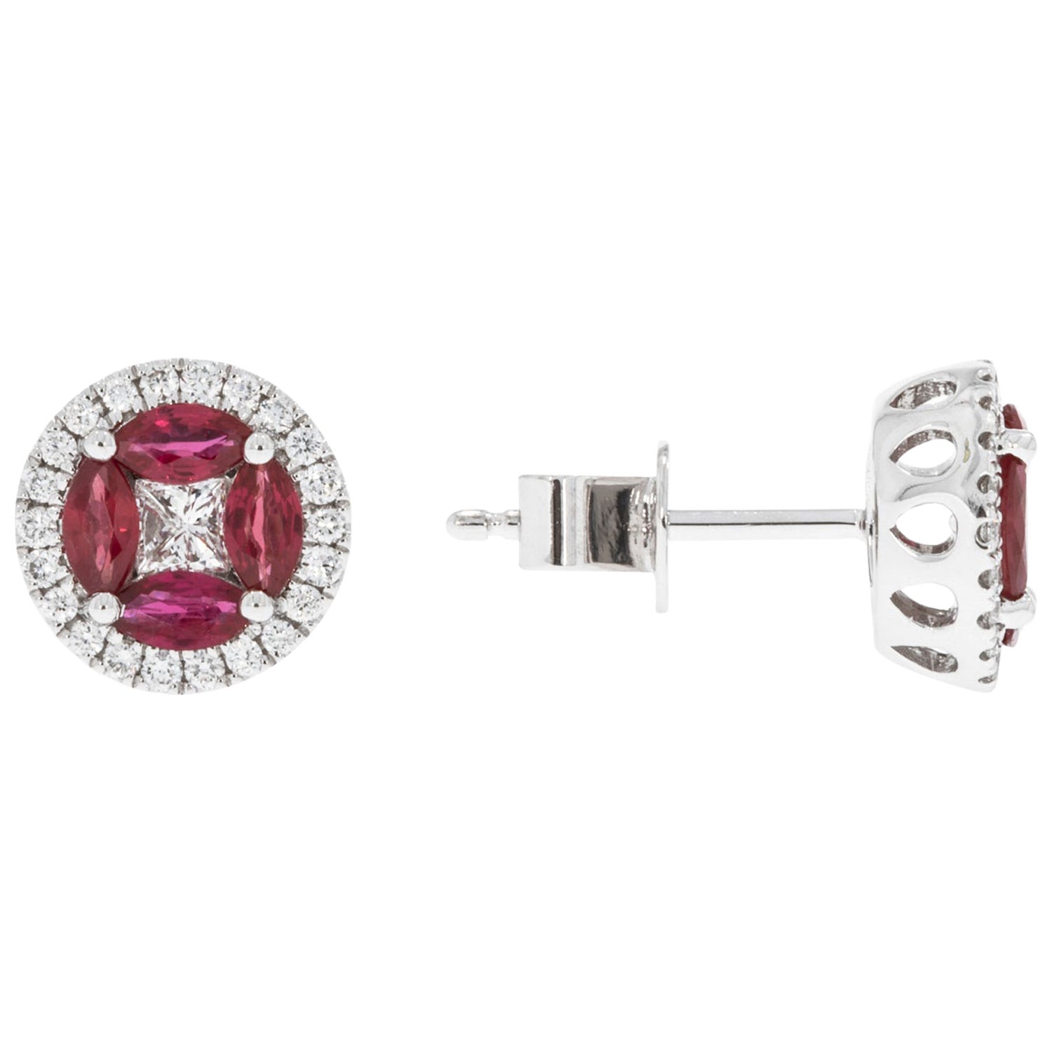 Boucles d'oreilles en or blanc 14 carats avec diamants et rubis