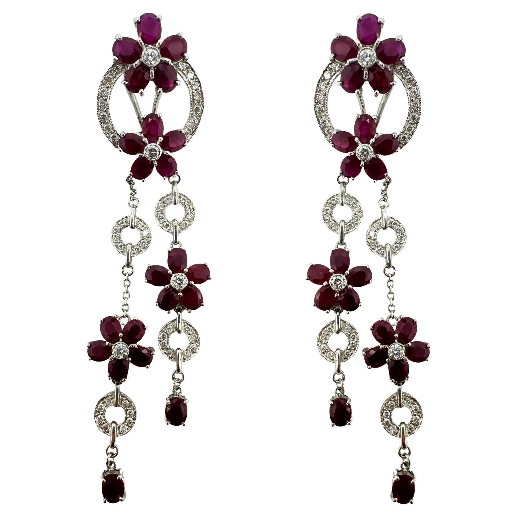 14K White Gold Diamond and Ruby Flower Drop Earrings
