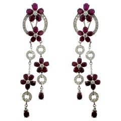 14K White Gold Diamond and Ruby Flower Drop Earrings