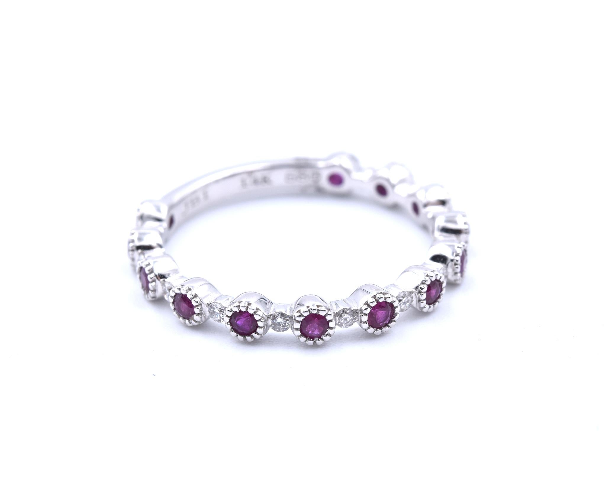 Material: 14k white gold
Diamonds: 12 round brilliant cut= .20cttw
Color: G
Clarity: VS
Ruby: 13 round brilliant cut = .53cttw
Size: 5.5 please allow two additional shipping days for sizing requests)
Dimensions: ring is 2.71mm wide
Weight: 2.10