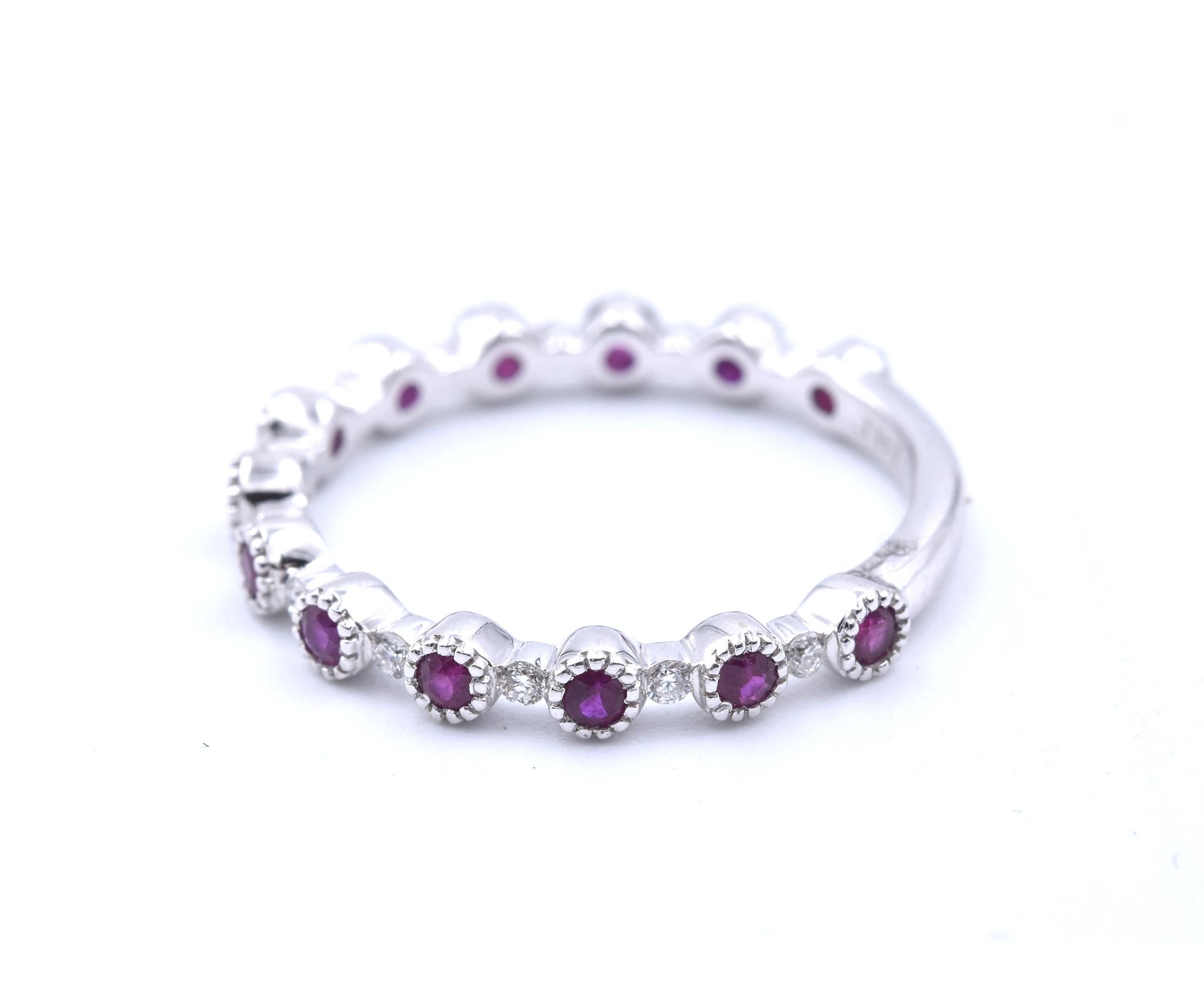 Round Cut 14 Karat White Gold Diamond and Ruby Stackable Band