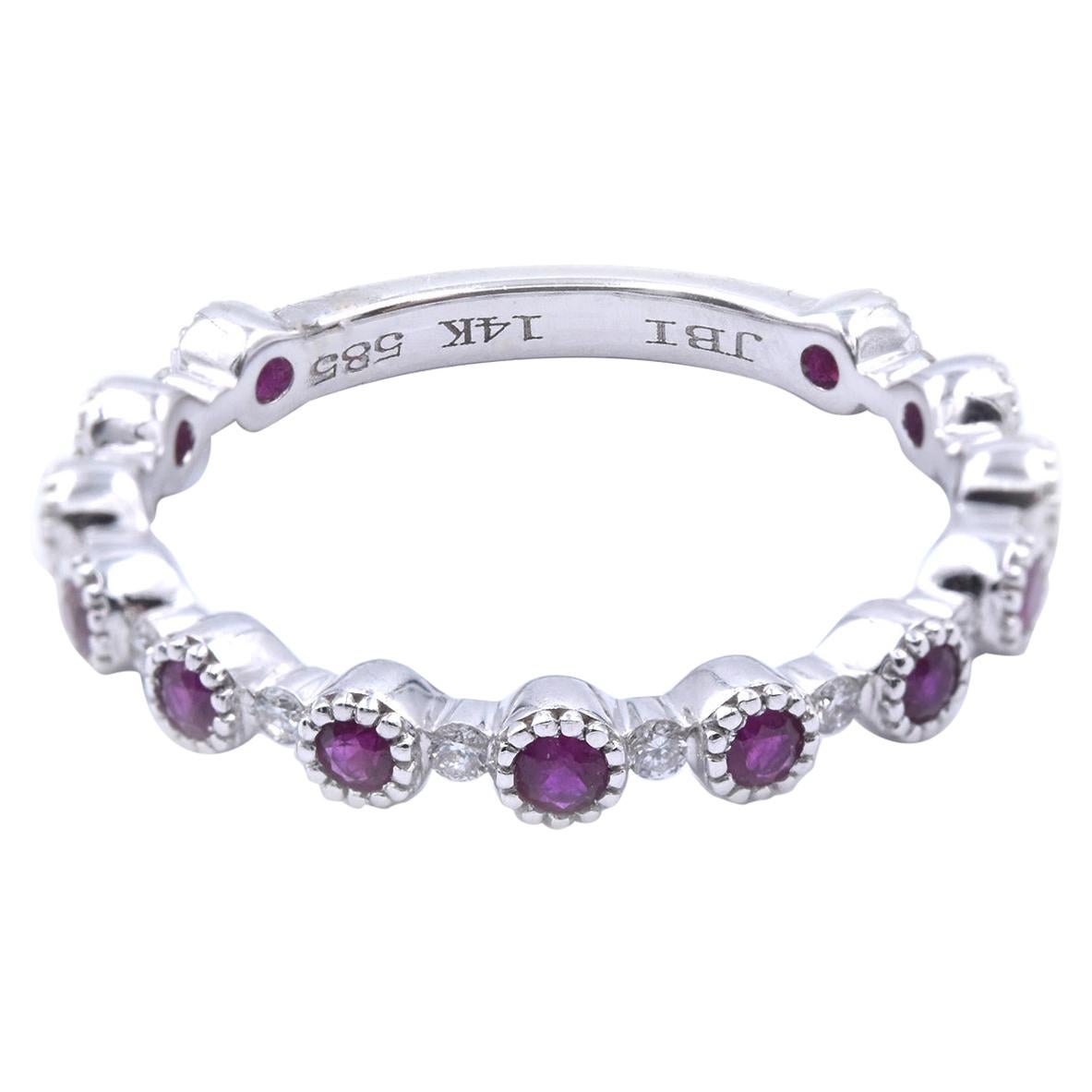 14 Karat White Gold Diamond and Ruby Stackable Band