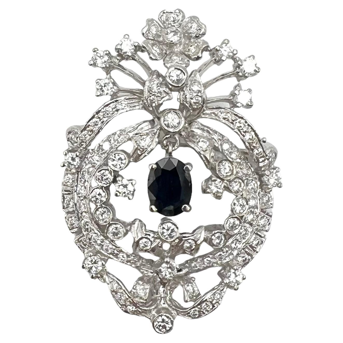 14k white gold diamond and sapphire brooch