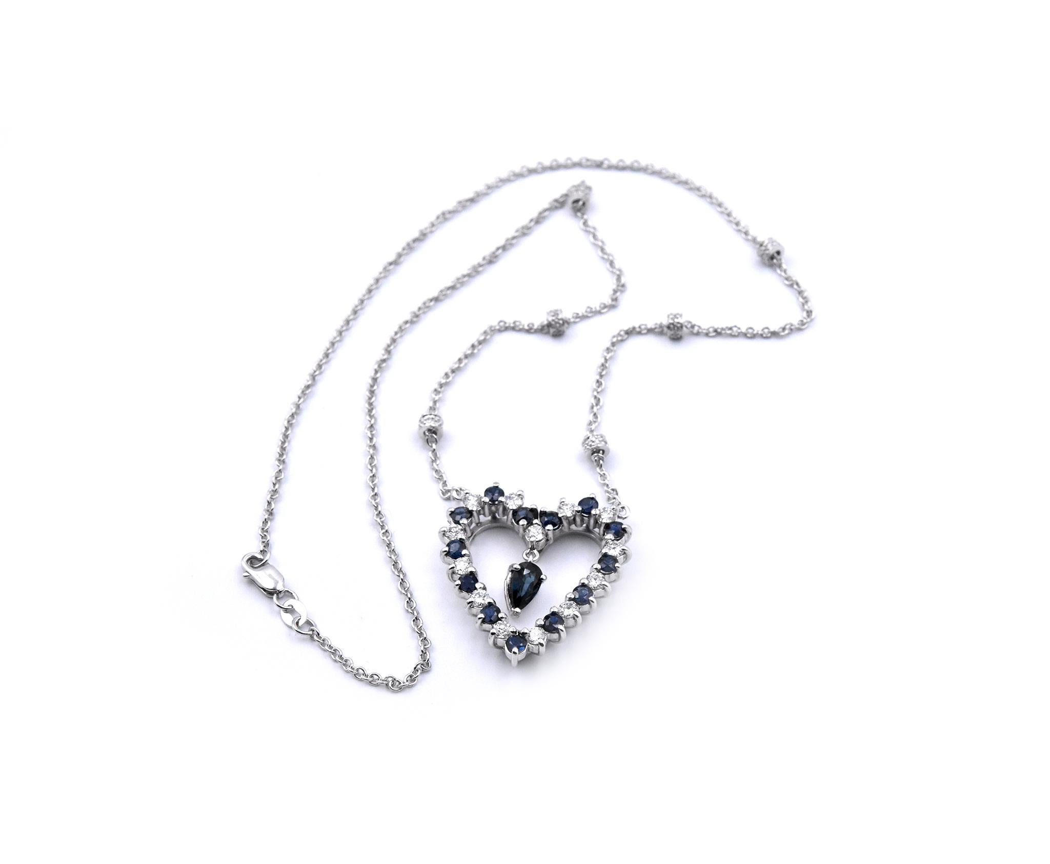 14 Karat White Gold Diamond and Sapphire Dangle Heart Necklace In Excellent Condition In Scottsdale, AZ