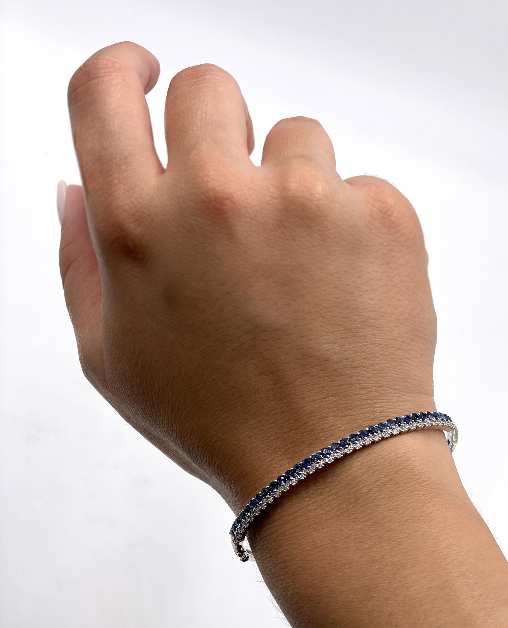 Round Cut 14K White Gold Diamond and Sapphire Double Row Bangle Bracelet