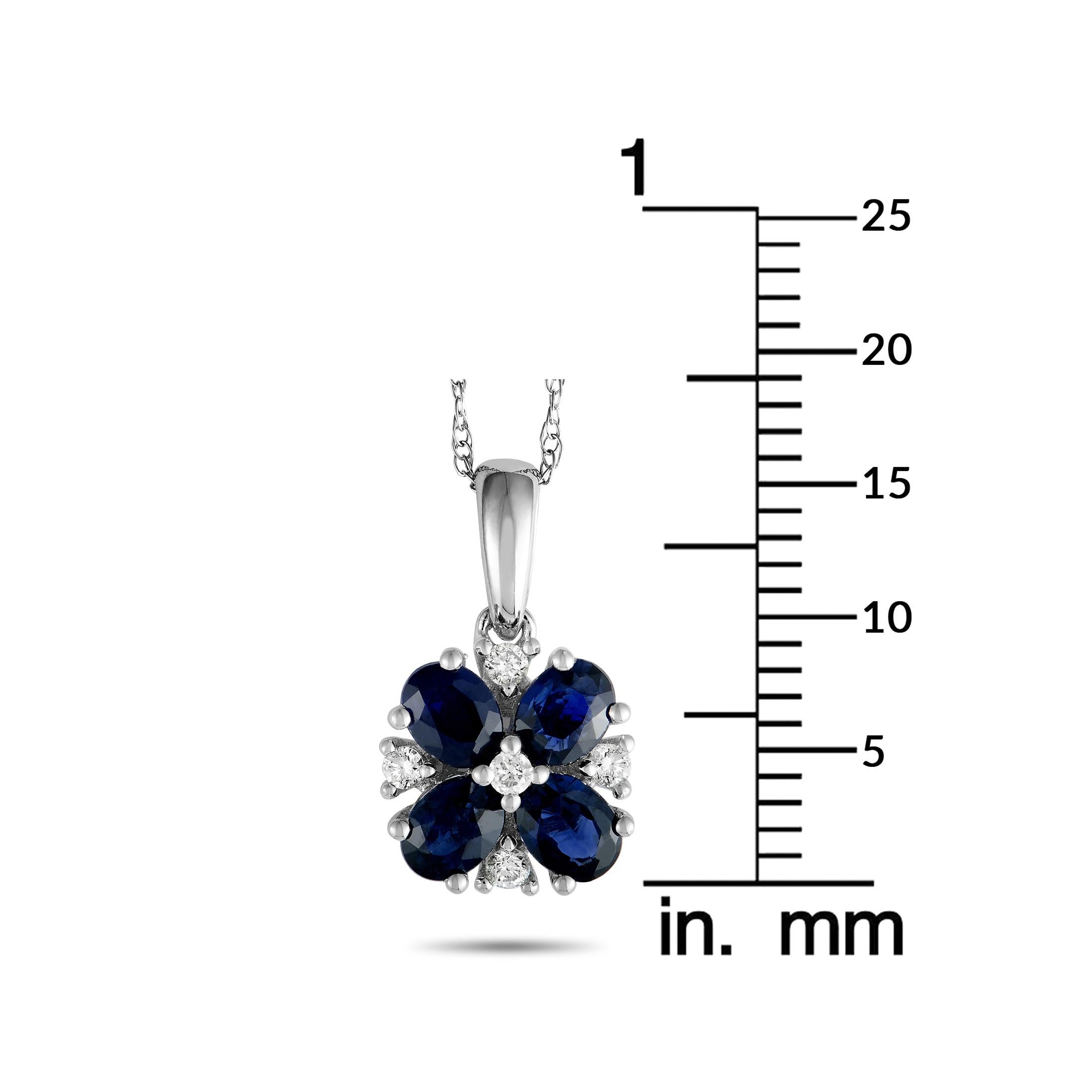 14 Karat White Gold Diamond and Sapphire Flower Pendant Necklace In New Condition In Southampton, PA