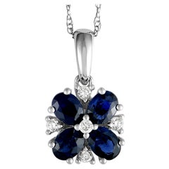 14 Karat White Gold Diamond and Sapphire Flower Pendant Necklace