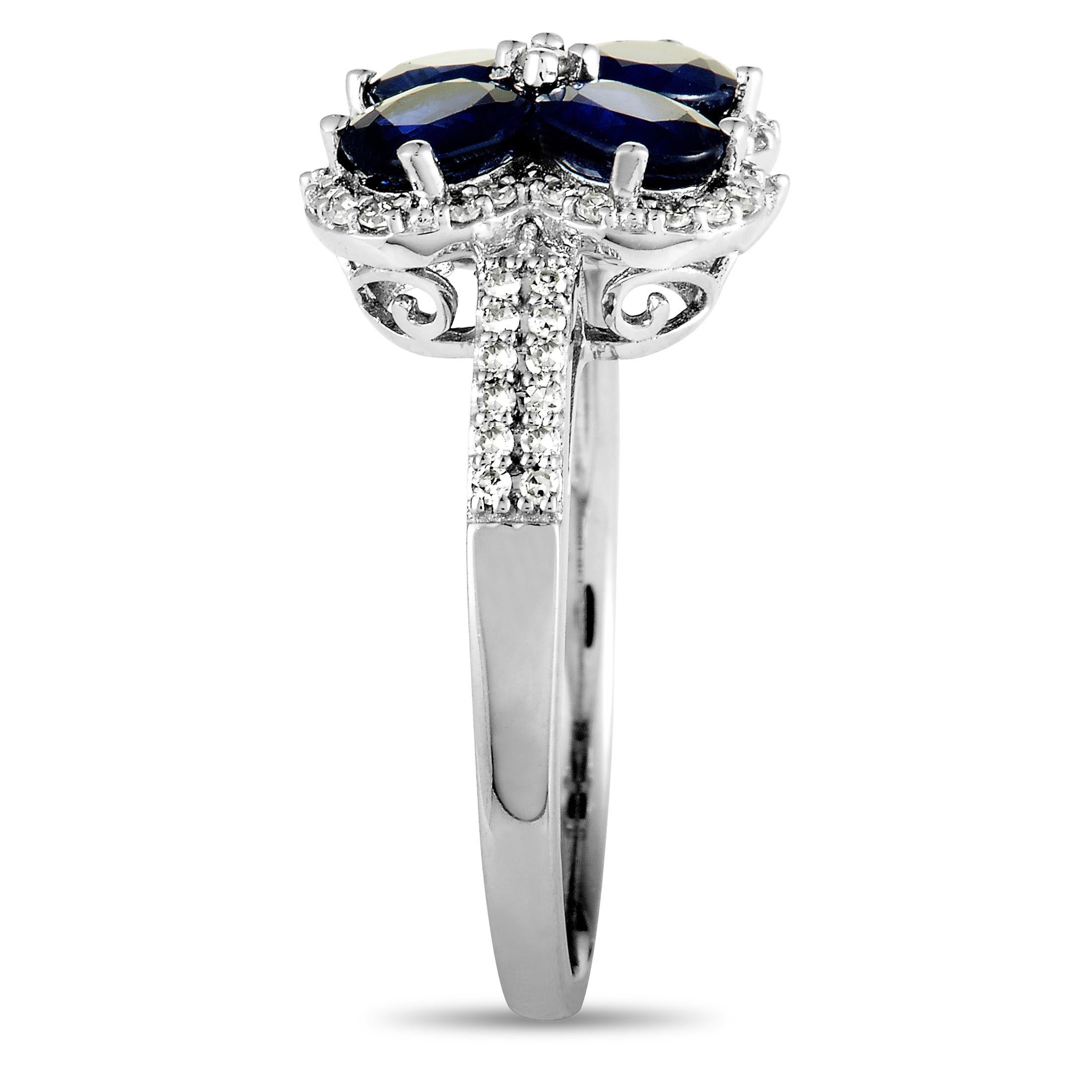 14 Karat White Gold Diamond and Sapphire Flower Ring In New Condition In Southampton, PA