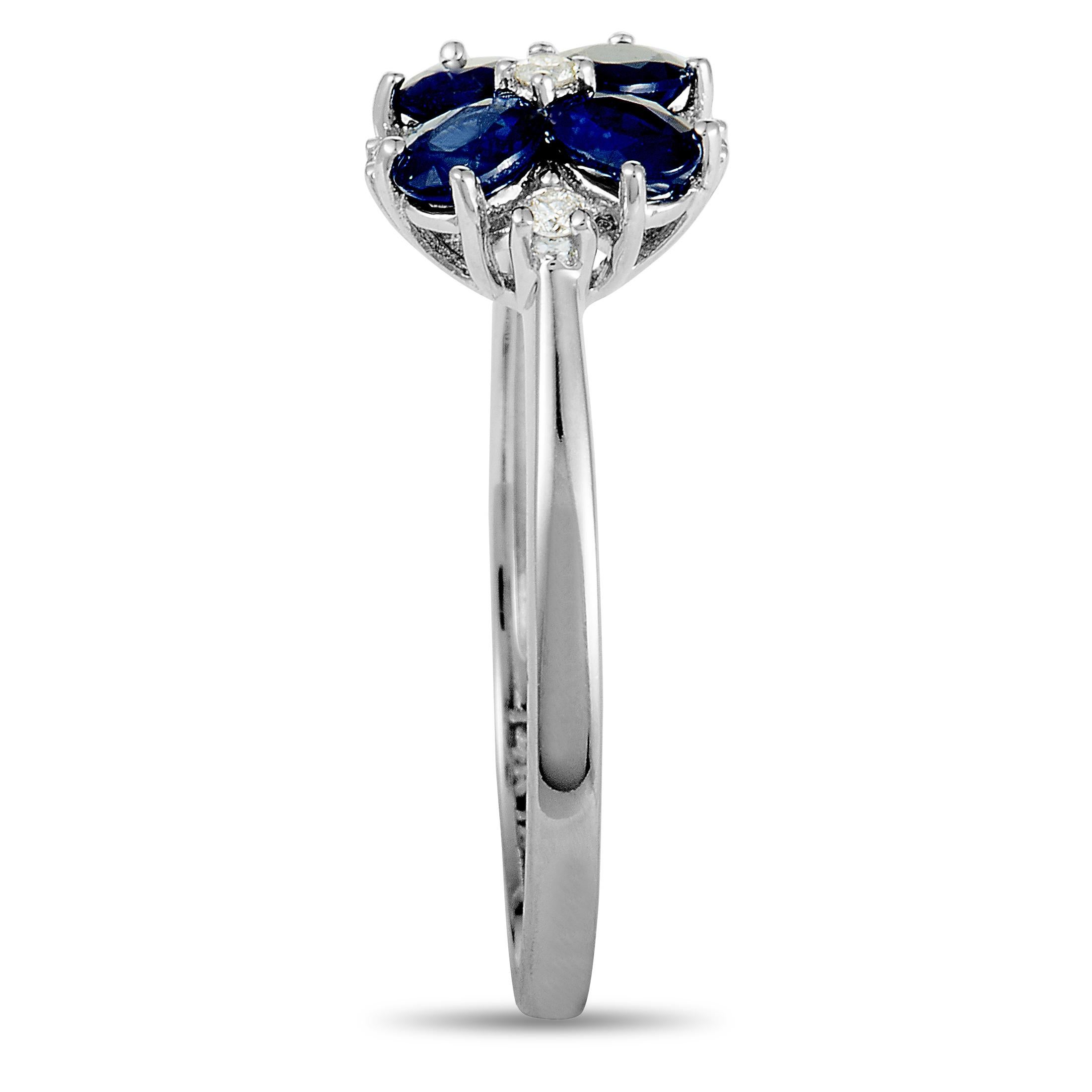 Round Cut 14 Karat White Gold Diamond and Sapphire Flower Ring