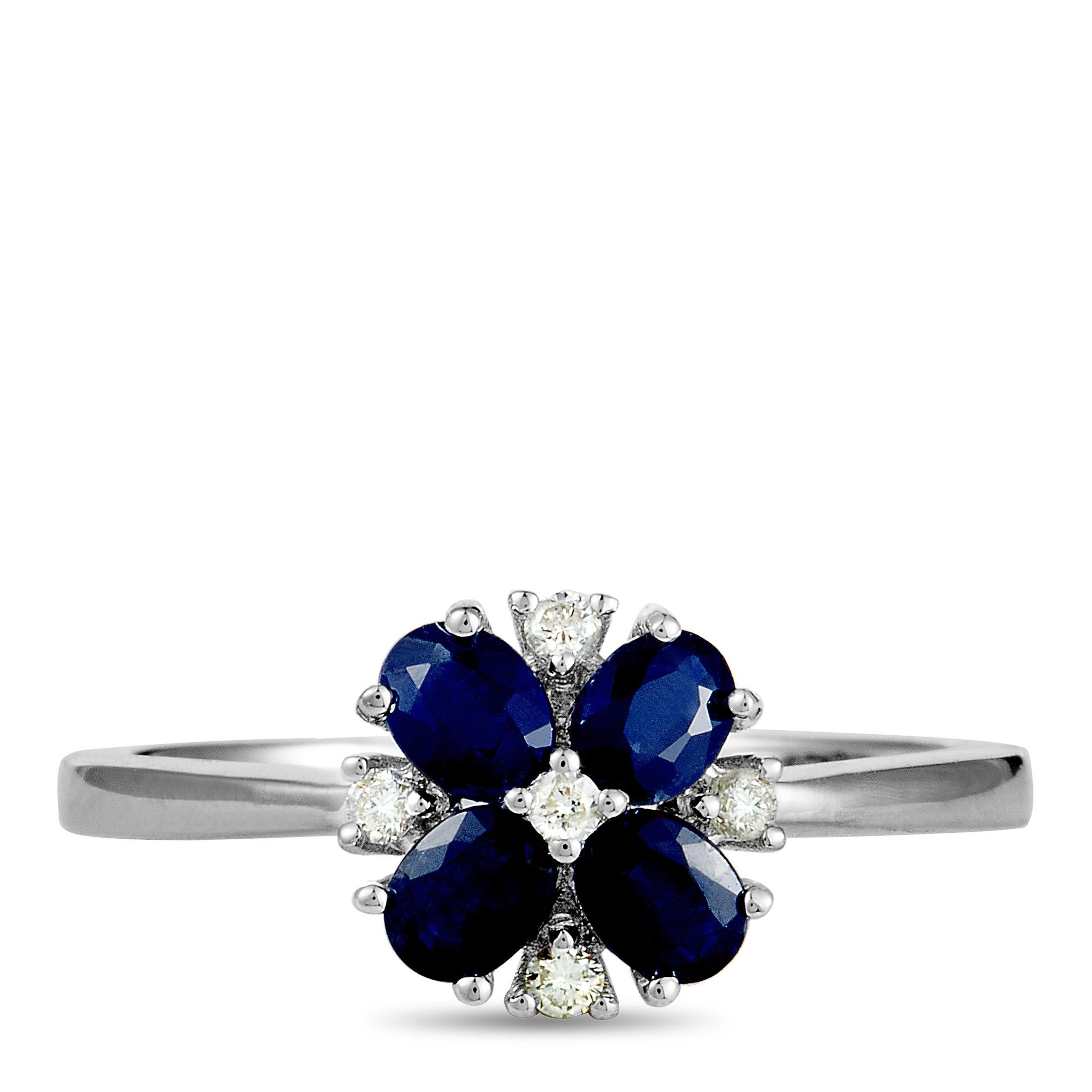 Women's 14 Karat White Gold Diamond and Sapphire Flower Ring
