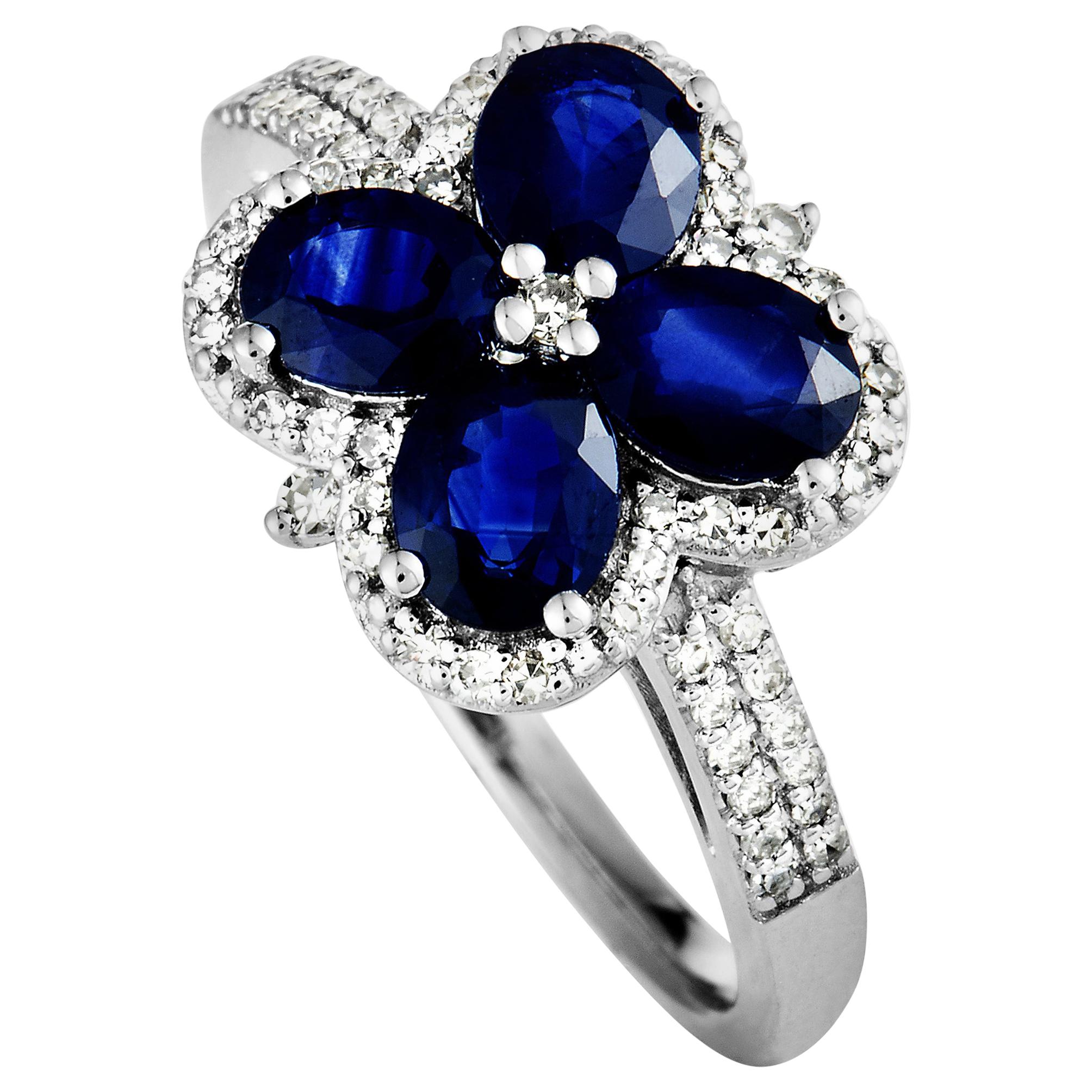 14 Karat White Gold Diamond and Sapphire Flower Ring
