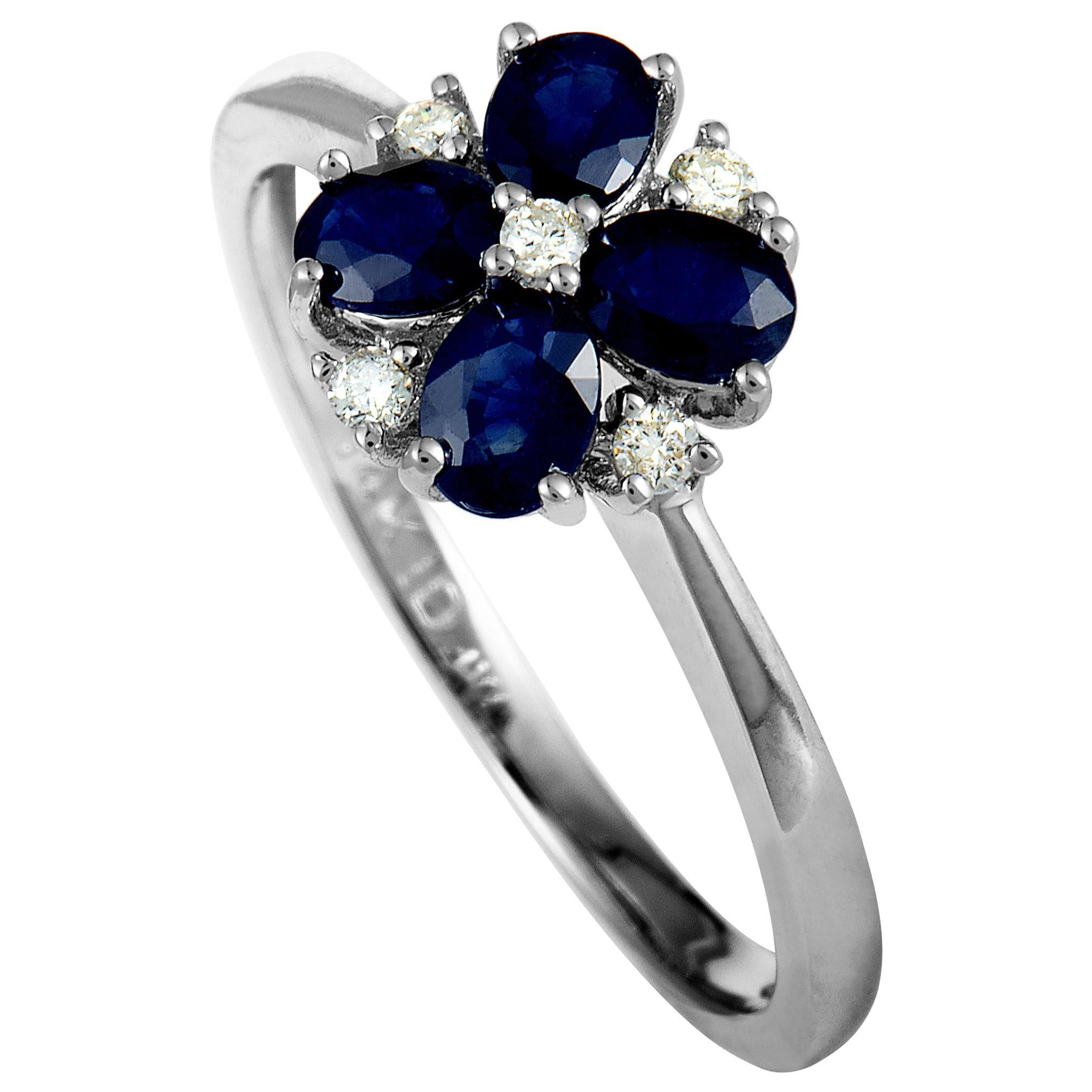 14 Karat White Gold Diamond and Sapphire Flower Ring