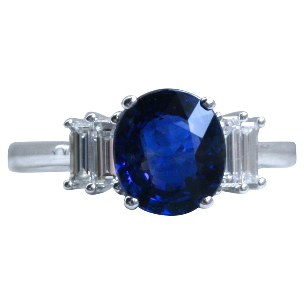 14 Karat Gold Diamond and Sapphire Ring Engagement Ring Baguette Cut Diamonds For Sale