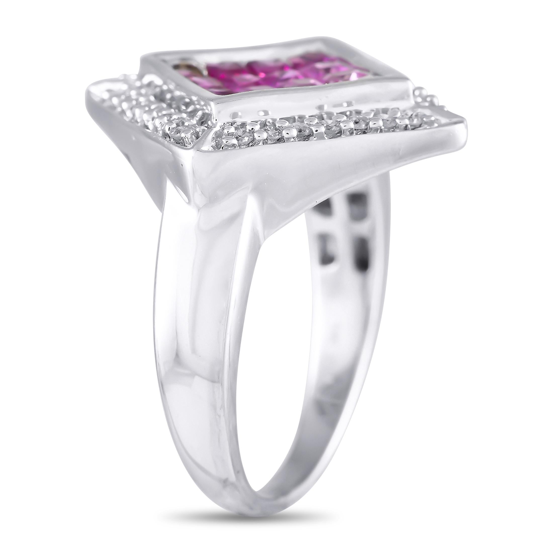 This exquisite ring will add a pop of color to any ensemble. At the center of the 14K White Gold setting, Pink Sapphire gemstones totaling 1.05 carats serve as a stunning focal point. Diamonds with a total weight of 0.20 carats around the perimeter
