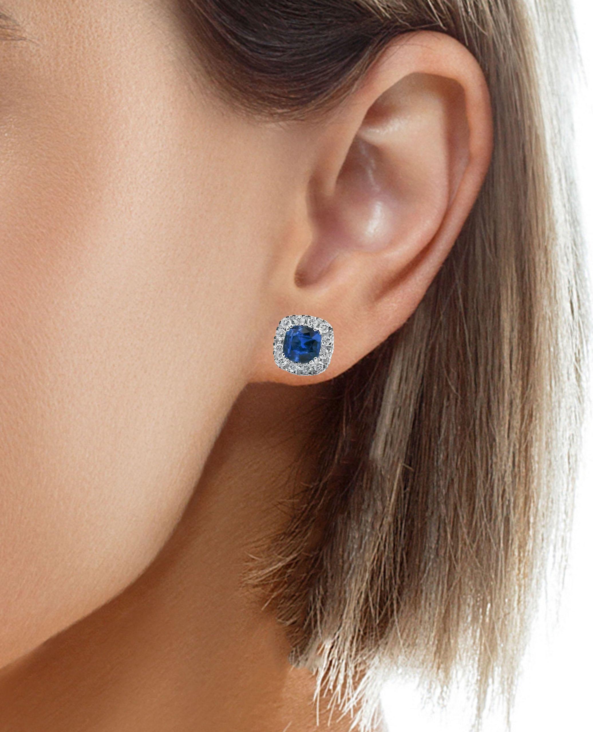 Cushion Cut 14K White Gold Diamond and Sapphire Stud Earrings For Sale