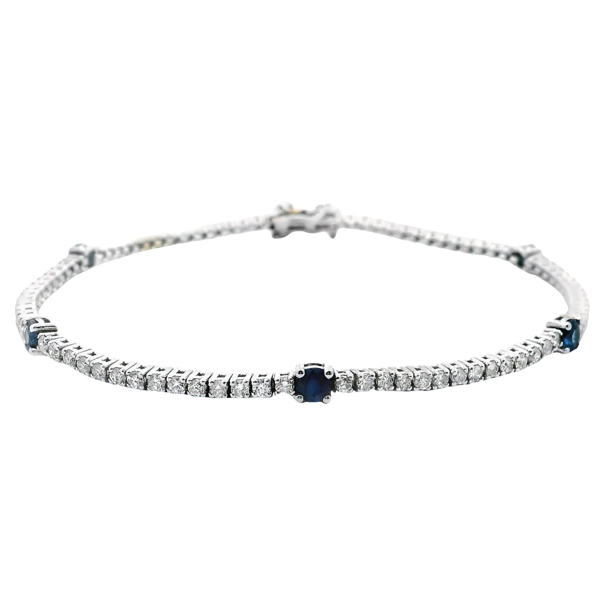 14K White Gold Diamond and Sapphire Tennis Bracelet For Sale