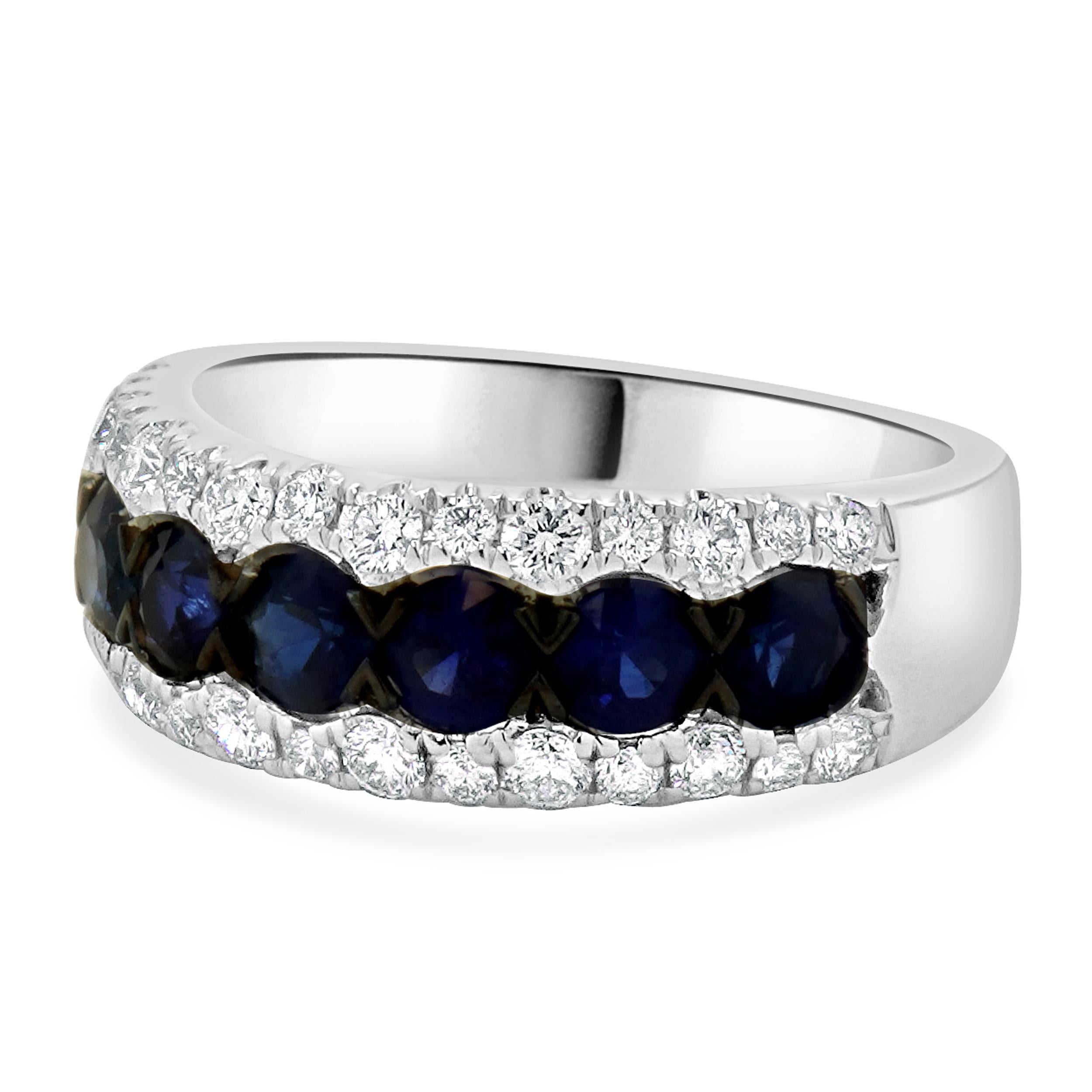 Material: 14K white gold
Sapphire: 7 round cut = 1.79cttw
Diamond: 30 round brilliant cut = 0.61cttw
Color: H
Clarity: SI1
Ring Size: 6.5 (please allow up to 2 additional business days for sizing requests)
Dimensions: ring top measures 7.1mm