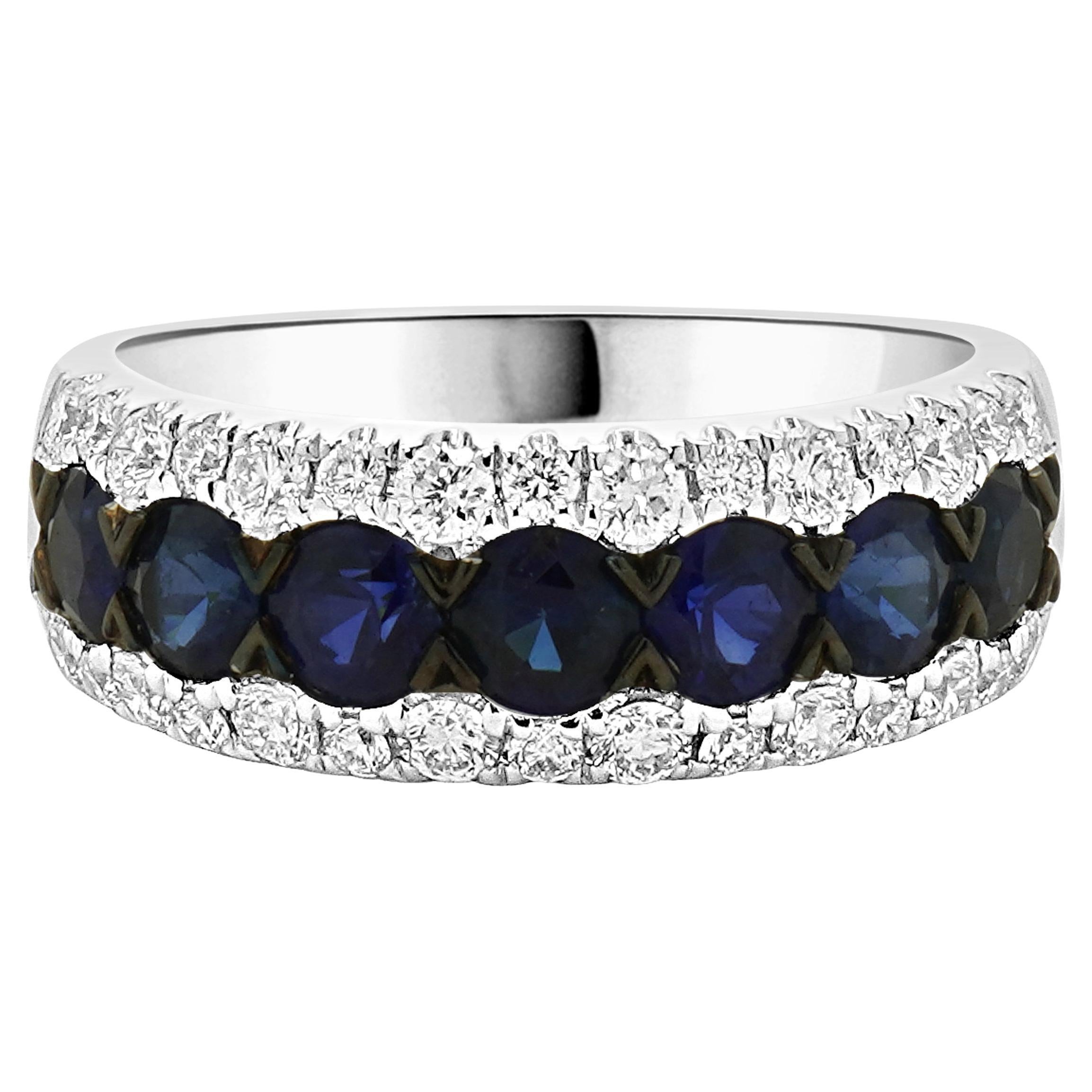 14K White Gold Diamond and Sapphire Three Row Band For Sale