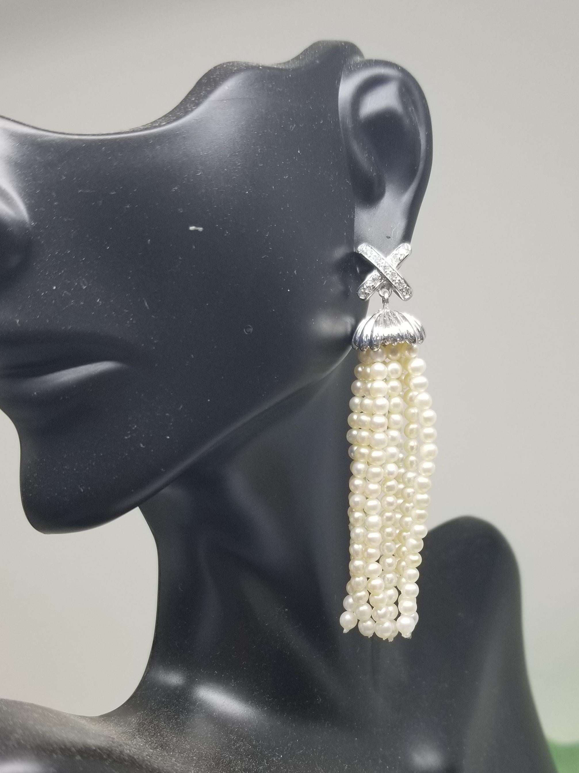 Round Cut 14 Karat White Gold Diamond and Cultured Pearl Dangle Earrings