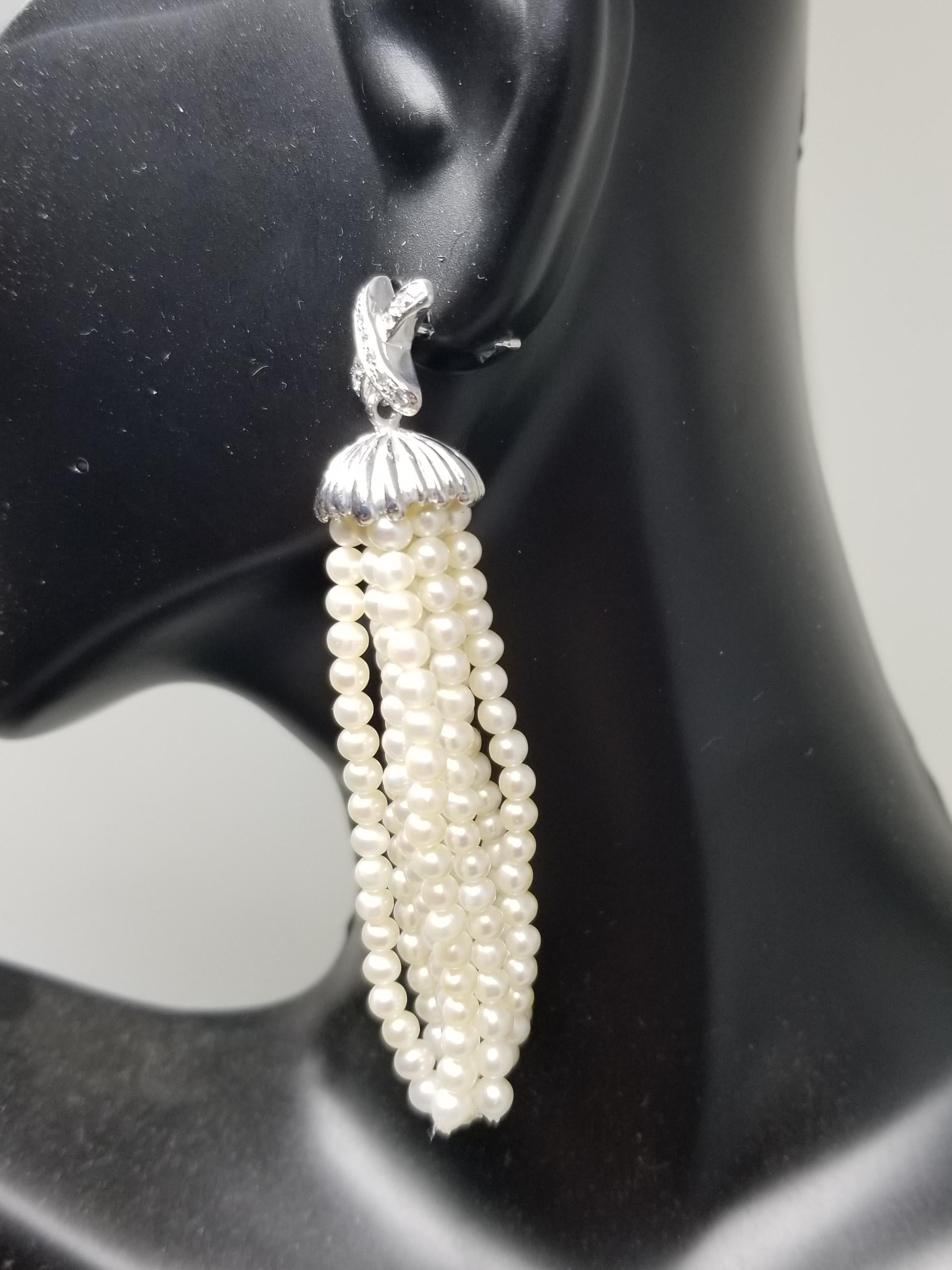 Women's or Men's 14 Karat White Gold Diamond and Cultured Pearl Dangle Earrings