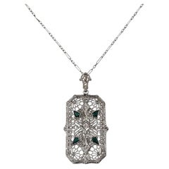 14K White Gold, Diamond and Synthetic Emerald Filigree Pendant Necklace #25134