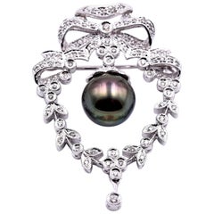 14 Karat White Gold Diamond and Tahitian Pearl Pin