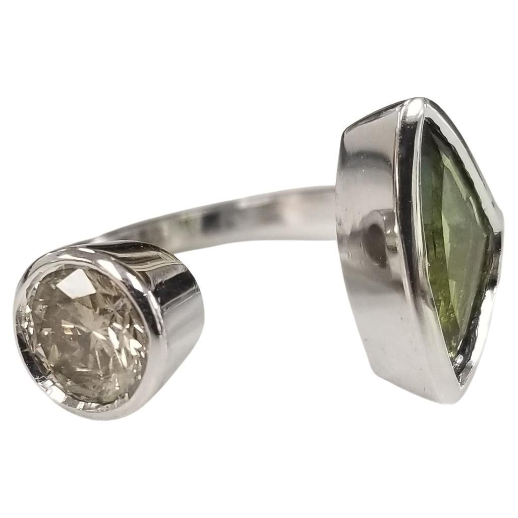 14K White Gold Diamond and Tourmaline Split Cuff-Style Ring For Sale