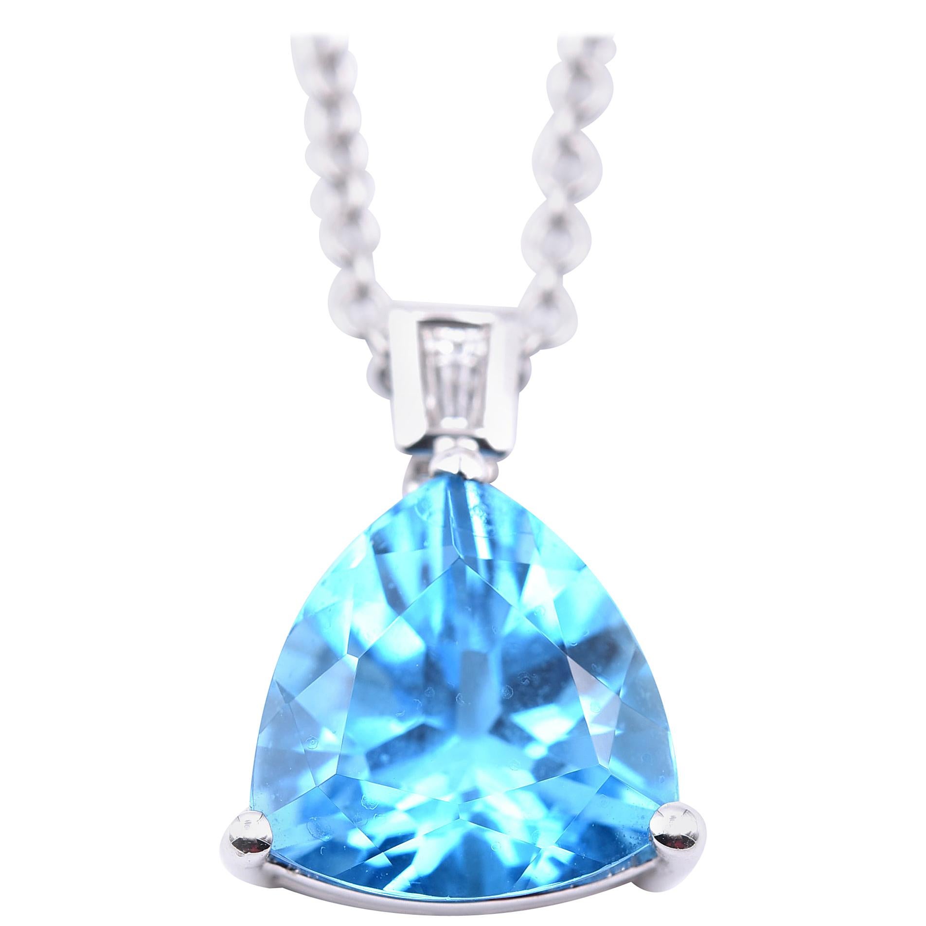 14 Karat White Gold Diamond and Trillion Cut Blue Topaz Necklace