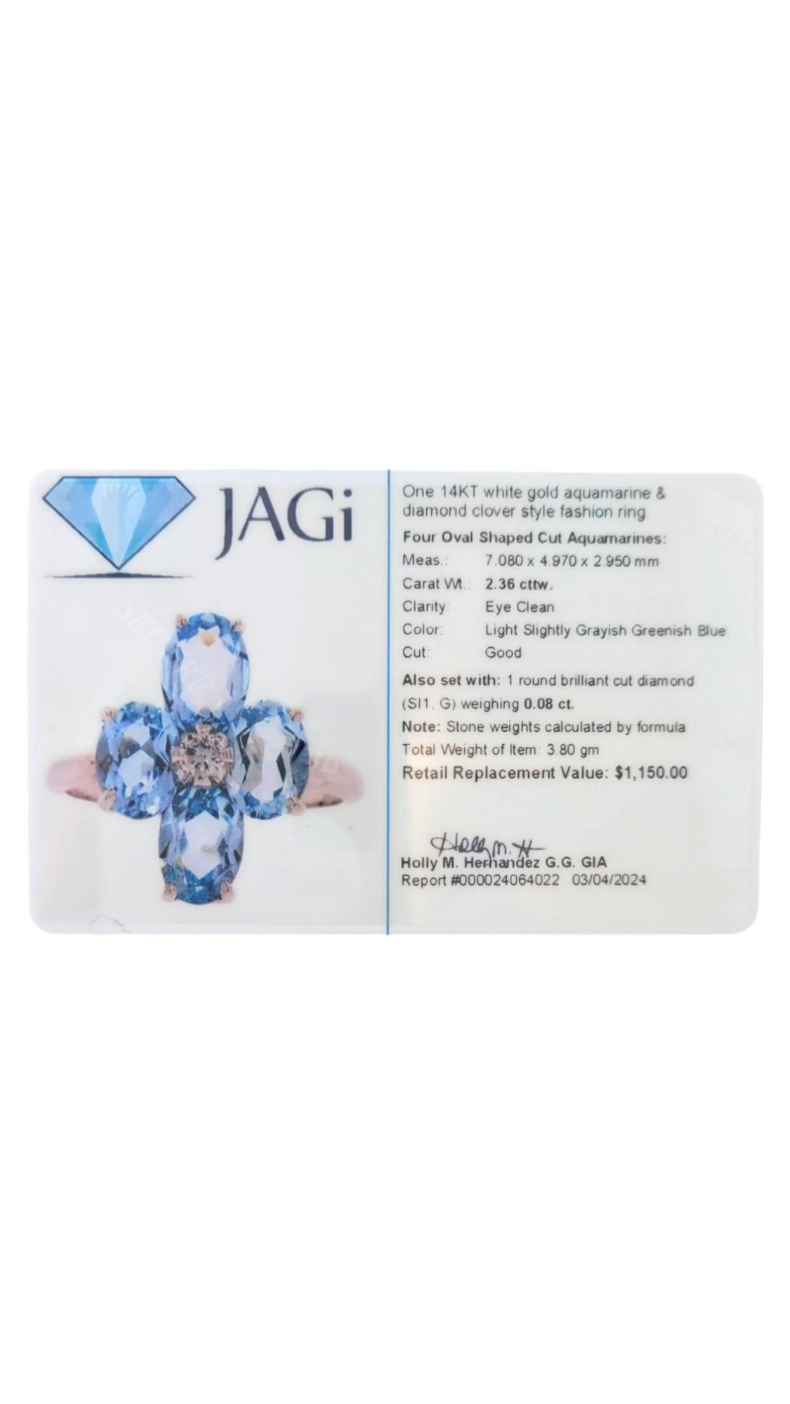 14K White Gold Diamond & Aquamarine Clover Style Ring Size 6.5 #16938 For Sale 2
