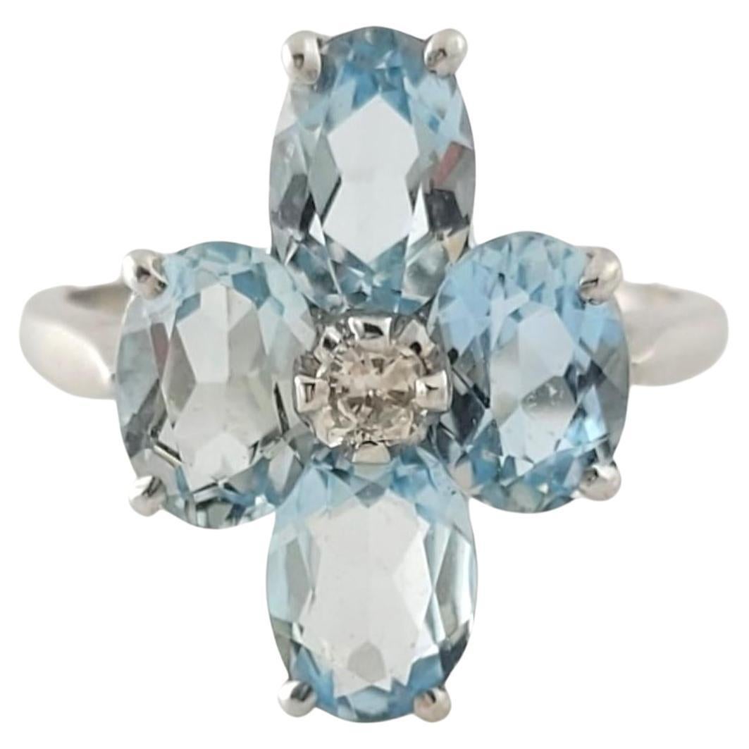 14K White Gold Diamond & Aquamarine Clover Style Ring Size 6.5 #16938 For Sale