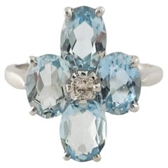 14K White Gold Diamond & Aquamarine Clover Style Ring Size 6.5 #16938