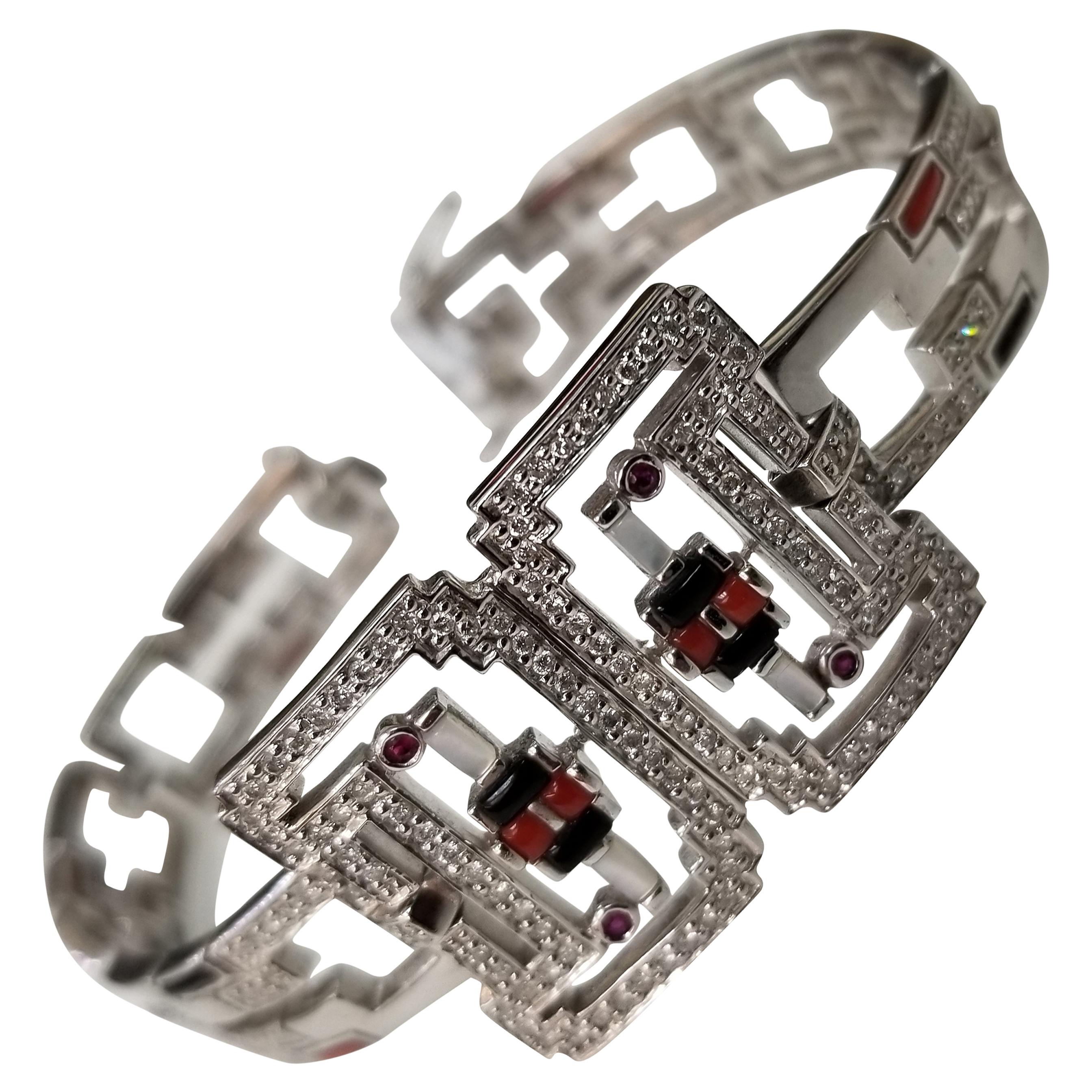 14k white gold diamond "Art Deco" inspired bracelet with multi color stones