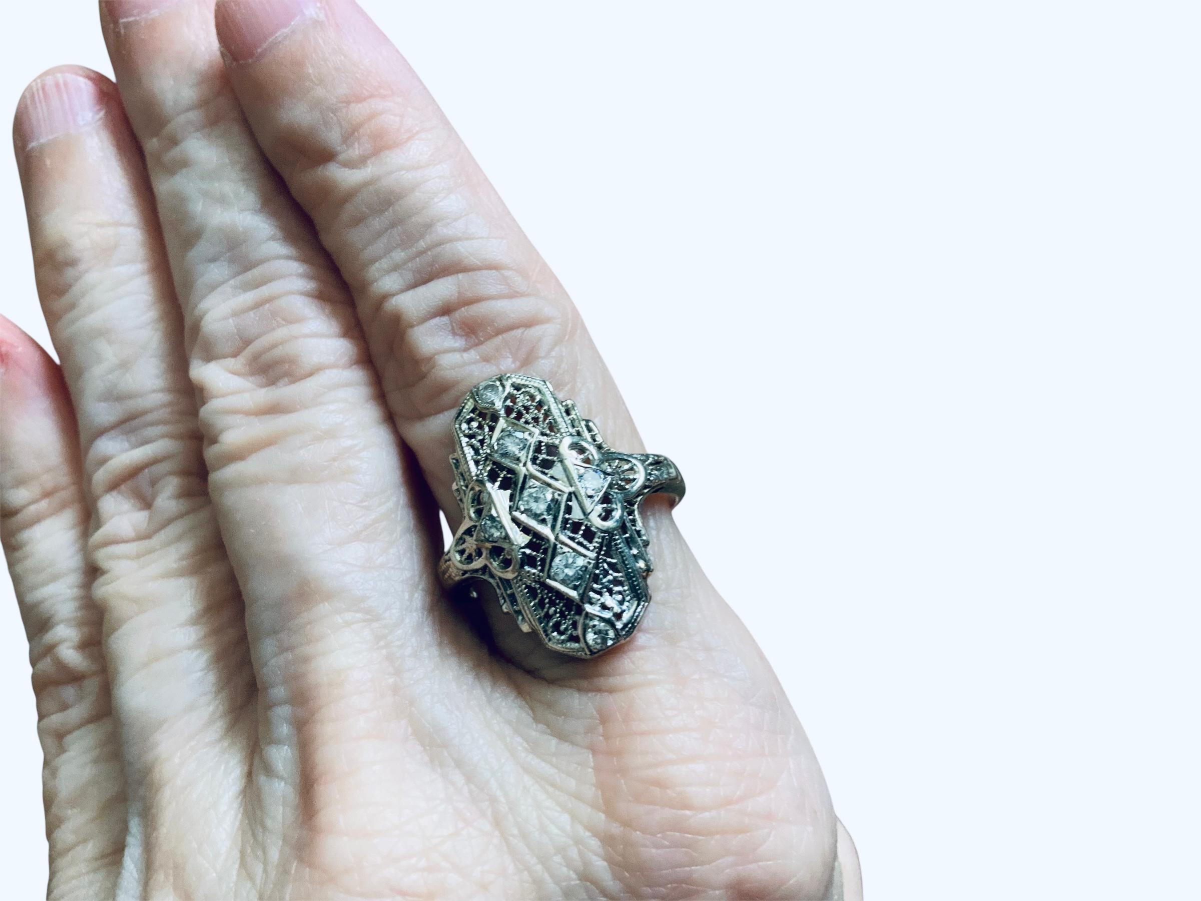 Women's or Men's 14K White Gold Diamond Art Deco Ring For Sale