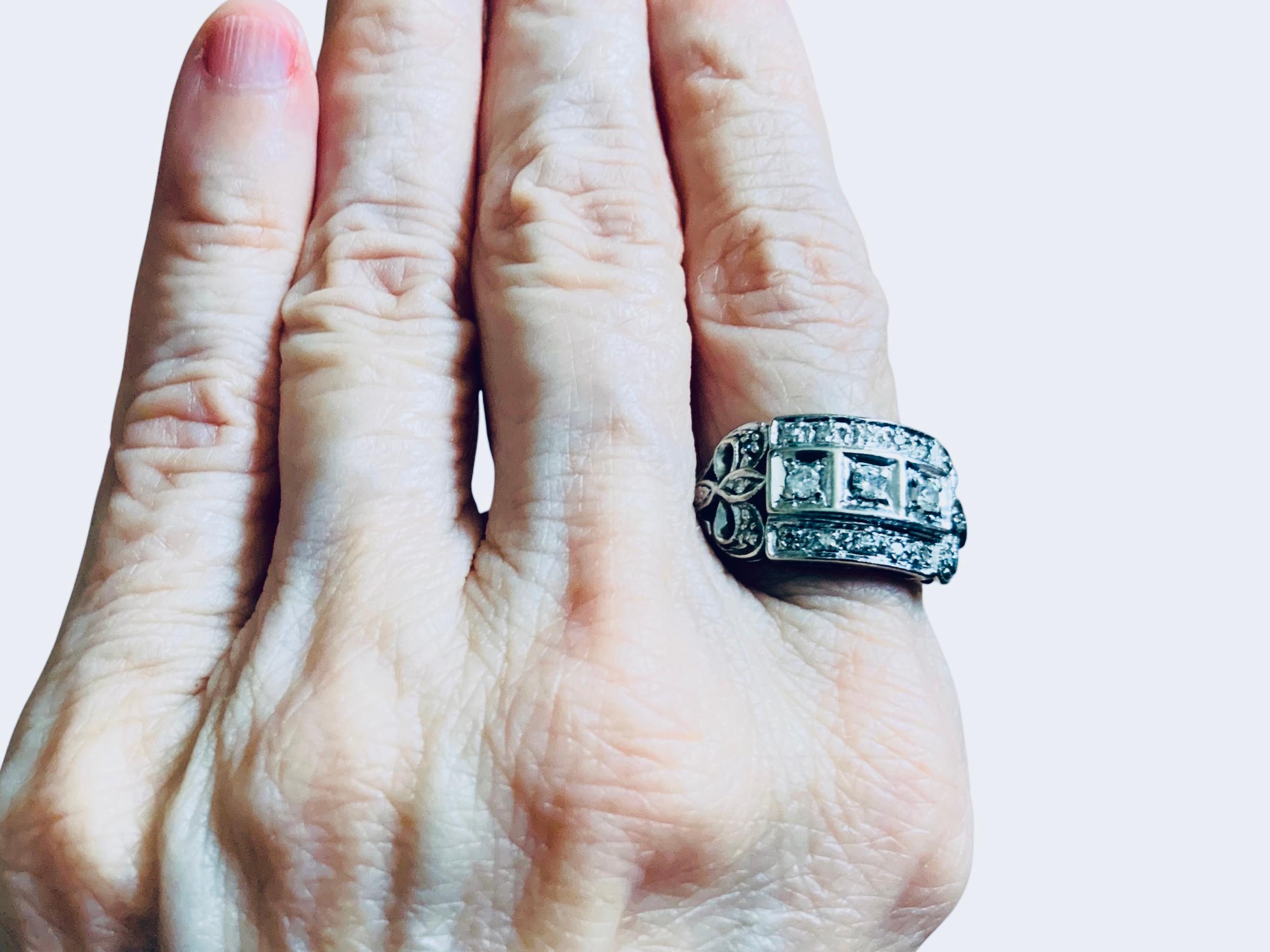 Women's or Men's 14K White Gold Diamond Art Deco Ring For Sale