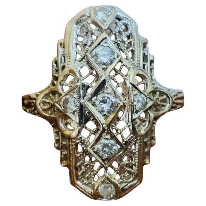 14K White Gold Diamond Art Deco Ring For Sale
