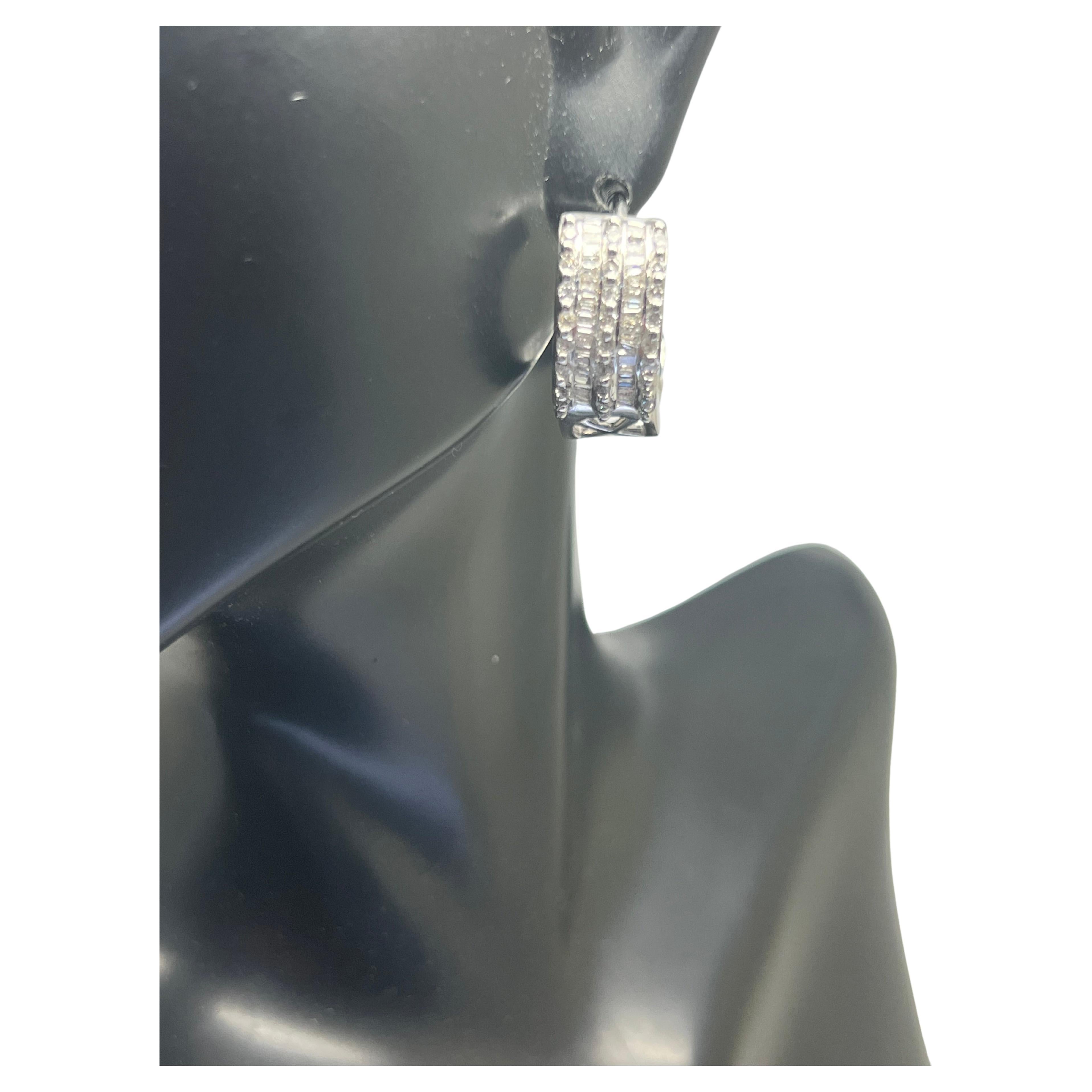 14k White Gold Diamond Bagguette Huggy Dangle Channel Set Earrings For Sale