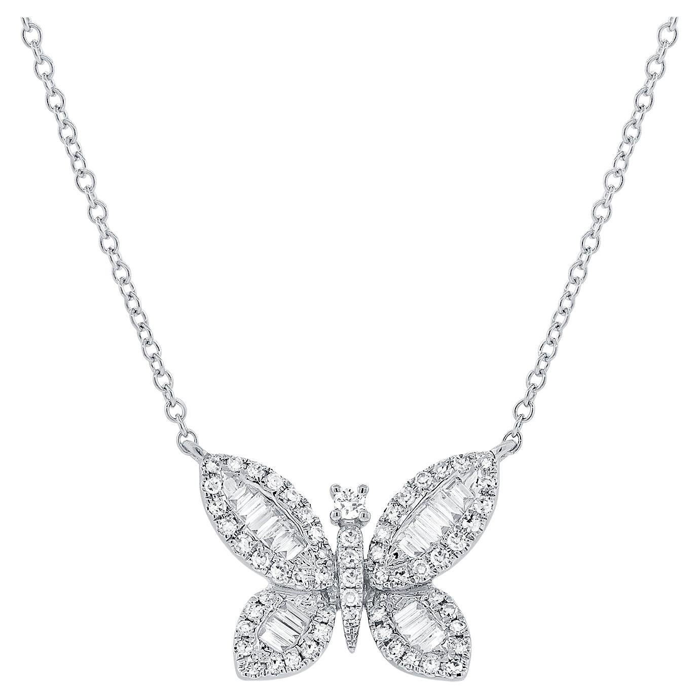 14K White Gold Diamond Baguette Butterfly Necklace for Her For Sale