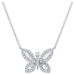 14K White Gold Diamond Baguette Butterfly Necklace for Her