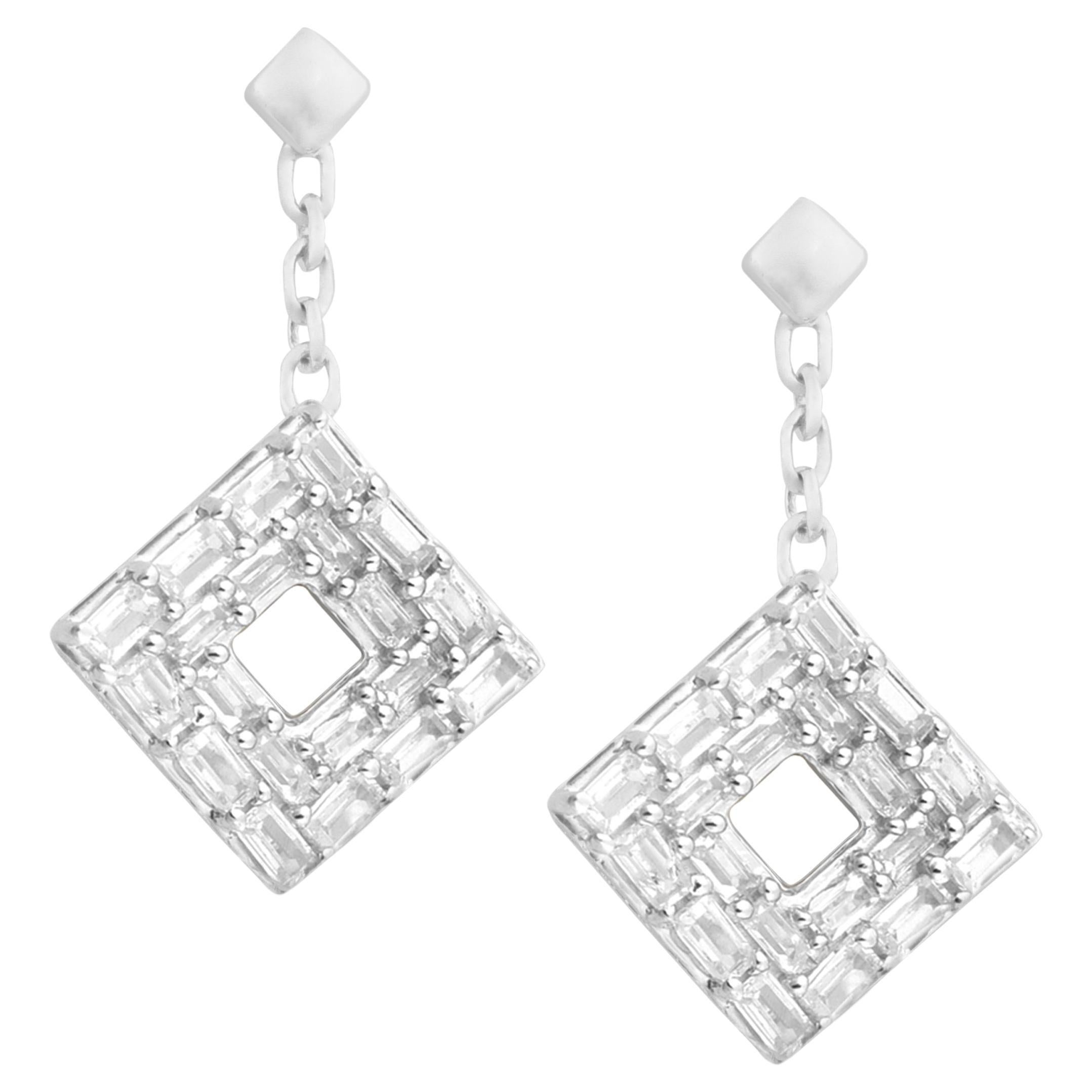 14K White Gold Diamond Baguette Dangling Earrings 