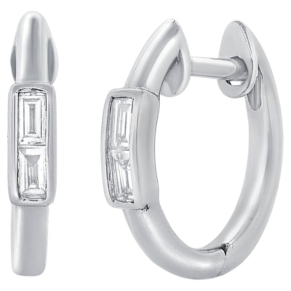 14K White Gold Diamond Baguette Huggie Earrings for Her For Sale