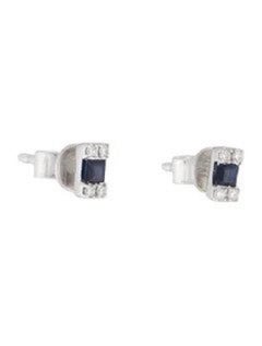 14K White Gold Diamond & Baguette Sapphire Tiny Stud Earrings for Her